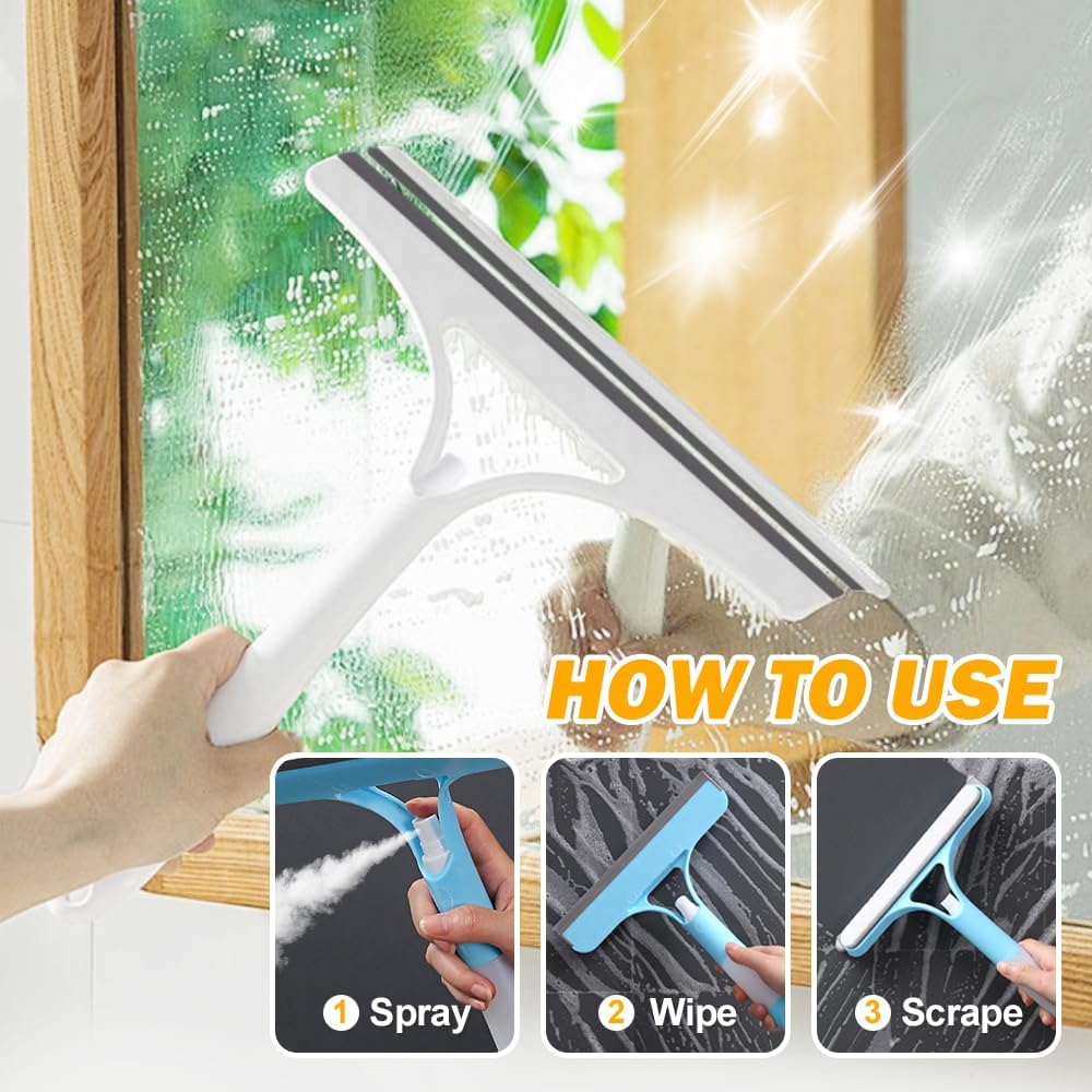 Rascador de limpieza de ventanas, herramienta multifunción 3 en 1 para limpiar cristales con spray y escobilla de goma, limpiador multiusos para ducha, baño, suelo, coche