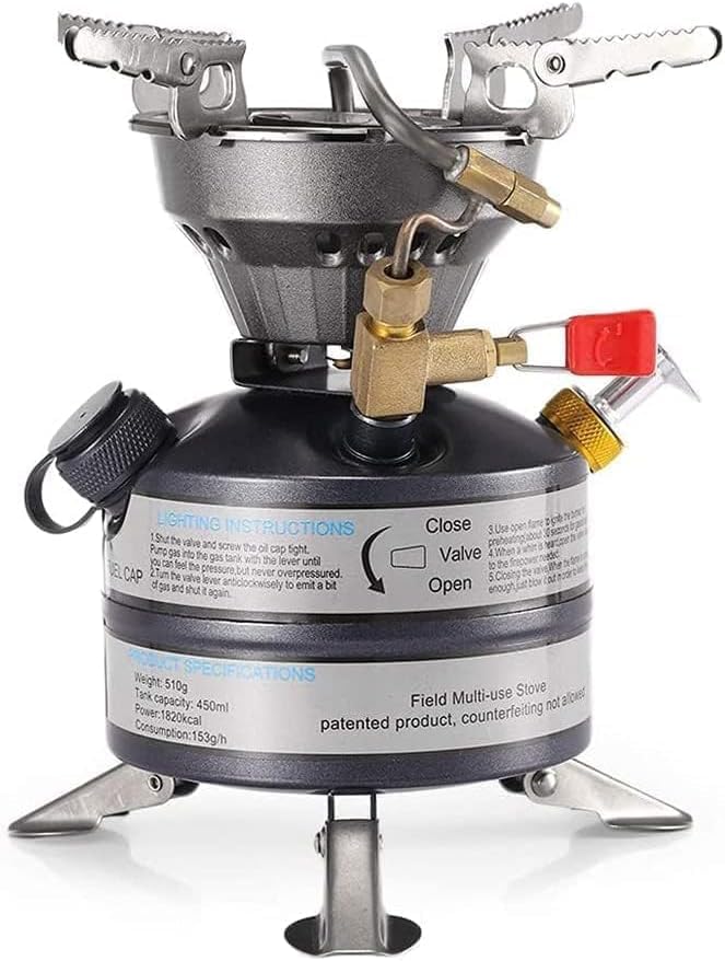 cのクローズアップamping stove with lighting instructions printed on the fuel tank