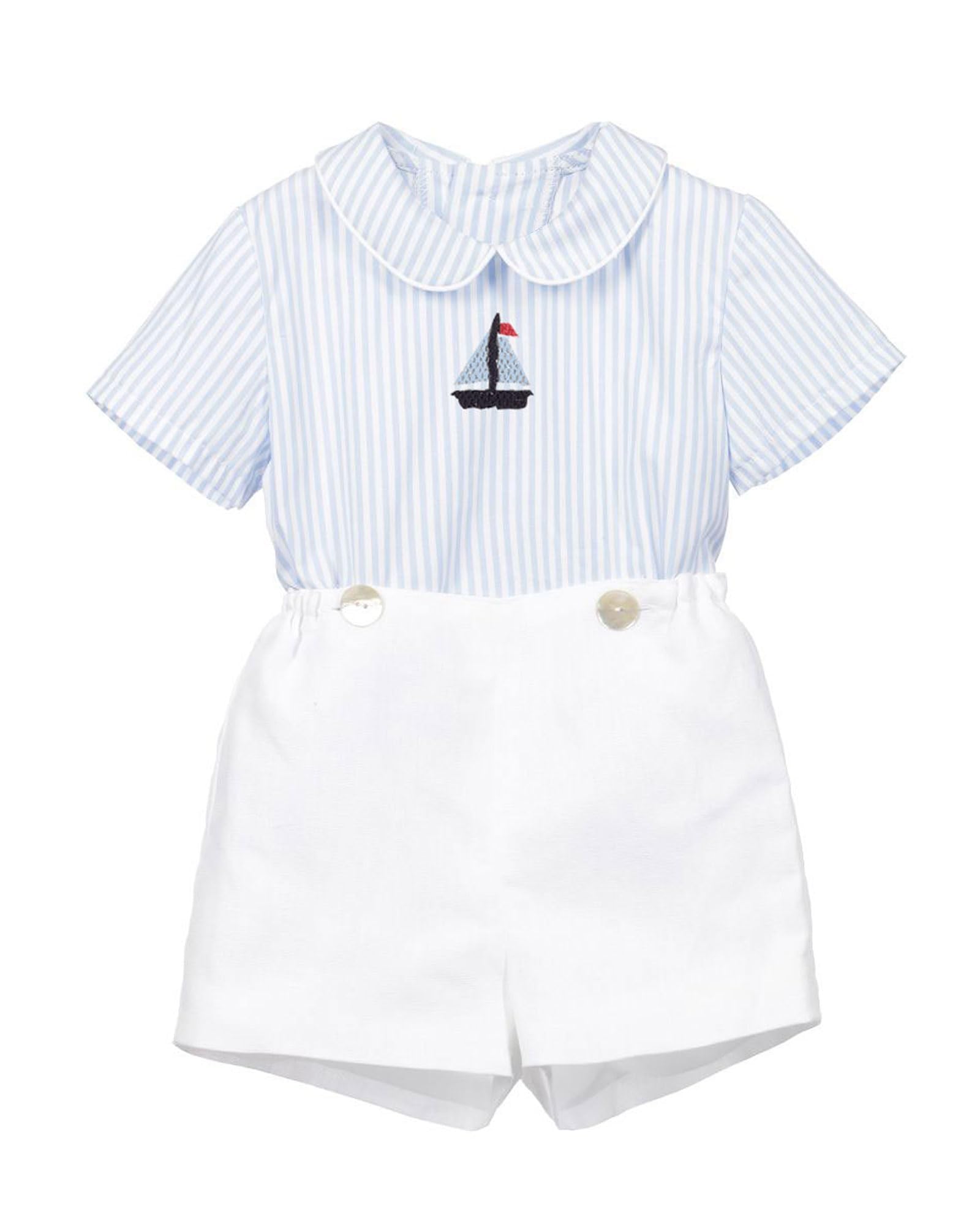 Twoflower toddler Kids Baby Boys' 2-Piece outfit set for summer short sleeved suit with embroidery clothes 1-6 Years (blue stripe, 12 months)