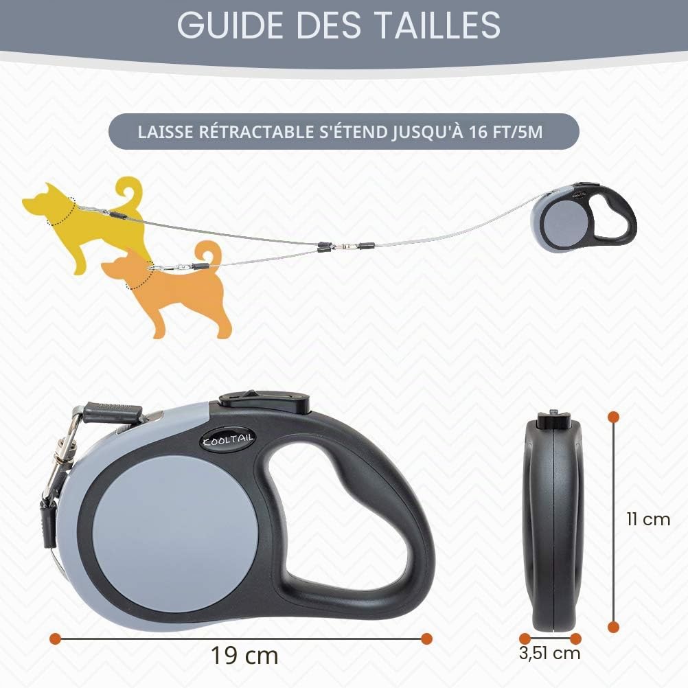 KOOLTAIL Laisse double rétractable pour deux chiens jusqu'à 50 kg, robuste à double tête, extensible à 360 °, sans enchevêtrement, laisse pour chiens de petite, moyenne et grande taille, gris