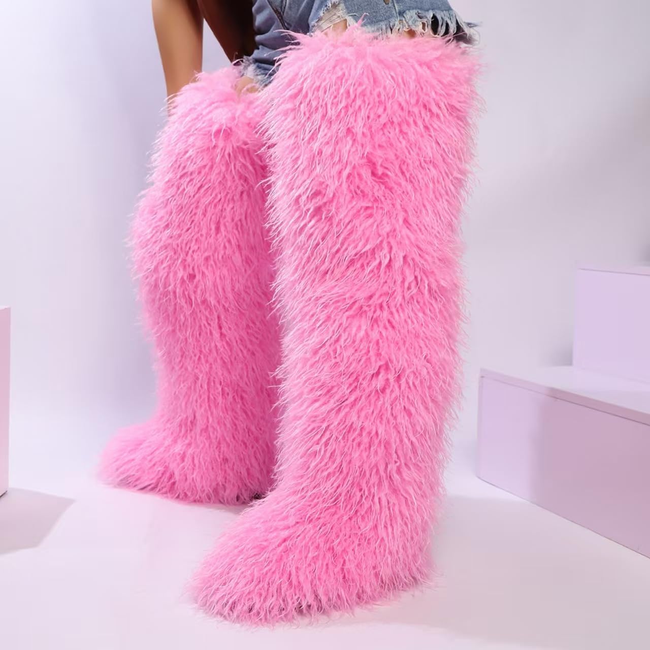 Over the Knee Fur Boots for Women,Tall Furry Thigh-high Boot for Girls,Fluffy Faux Fur Boots,Flat image 3