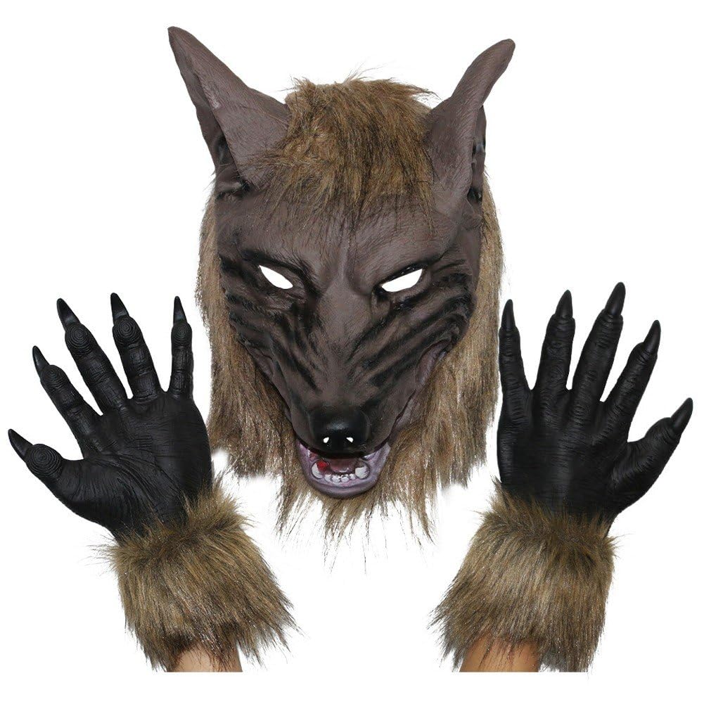 Brxmpn Máscara De Lobo De Silicona con Guantes, Kit De Disfraz De Cosplay De Animales, Máscara De Terror De Halloween, Máscara Espeluznante, Cubrecabezas, Garras De Hombre Lobo, Disfraz De Cosplay
