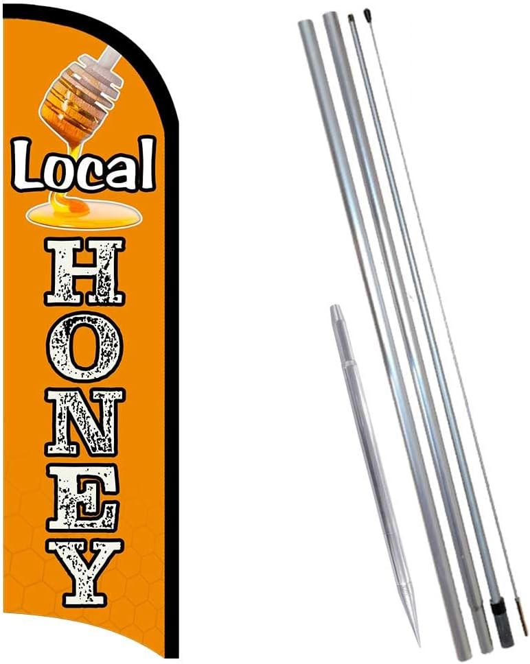 Kafly Local Honey Premium Windless Feather Flag Bundle (11.5' Tall Flag, 15' Tall Flagpole, Ground Mount Stake) L