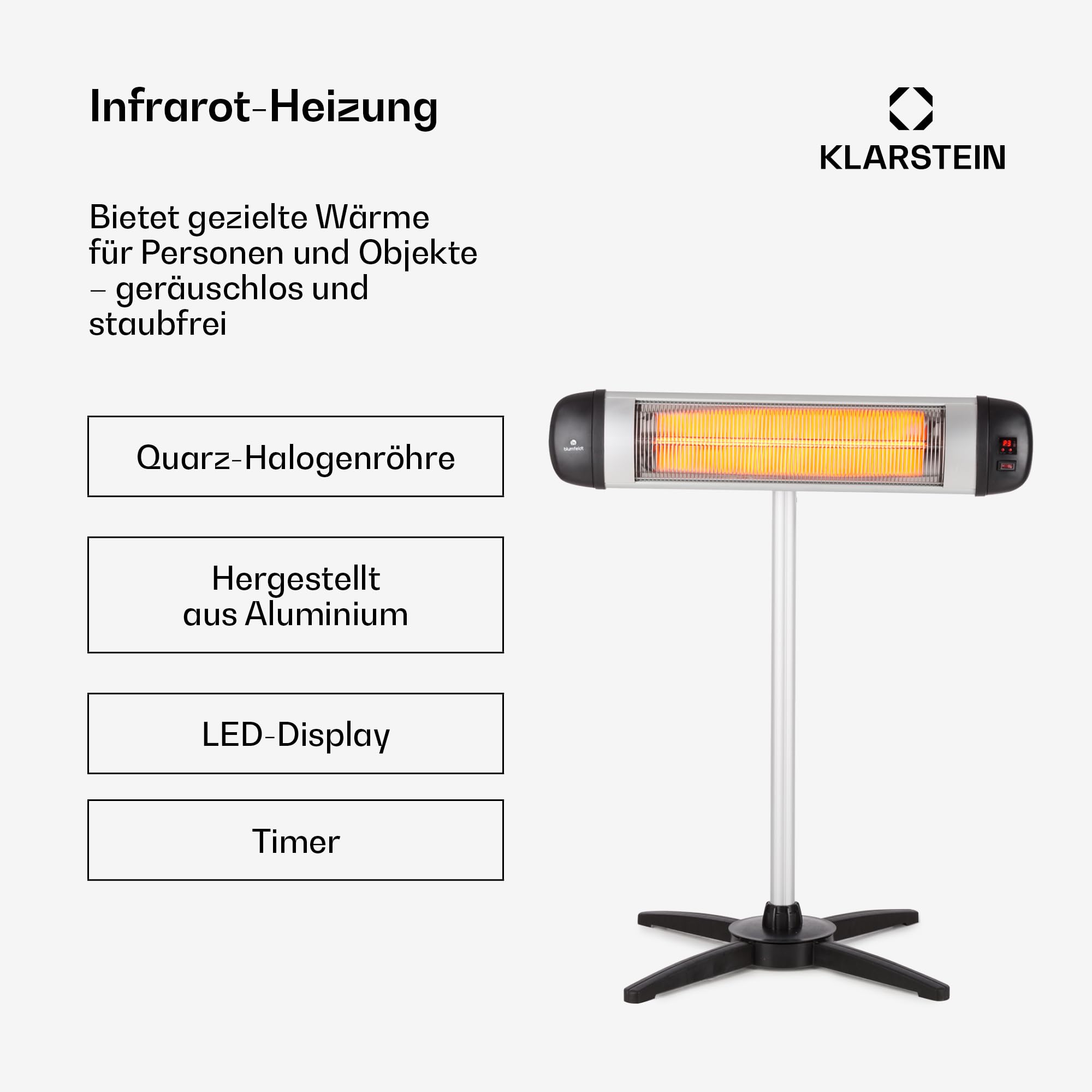 Blumfeldt Heizstrahler, Mobiler Infrarot-Heizstrahler Standgerät, für die Terrasse und Wintergarten, CO2-Freier Wärmestrahler Elektrisch, IP34 Infrarotstrahler, 2500 Watt