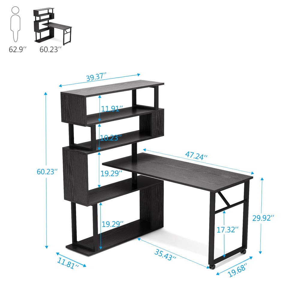 Tribesigns Rotating Computer Desk with 5 Shelves Bookshelf, Modern L