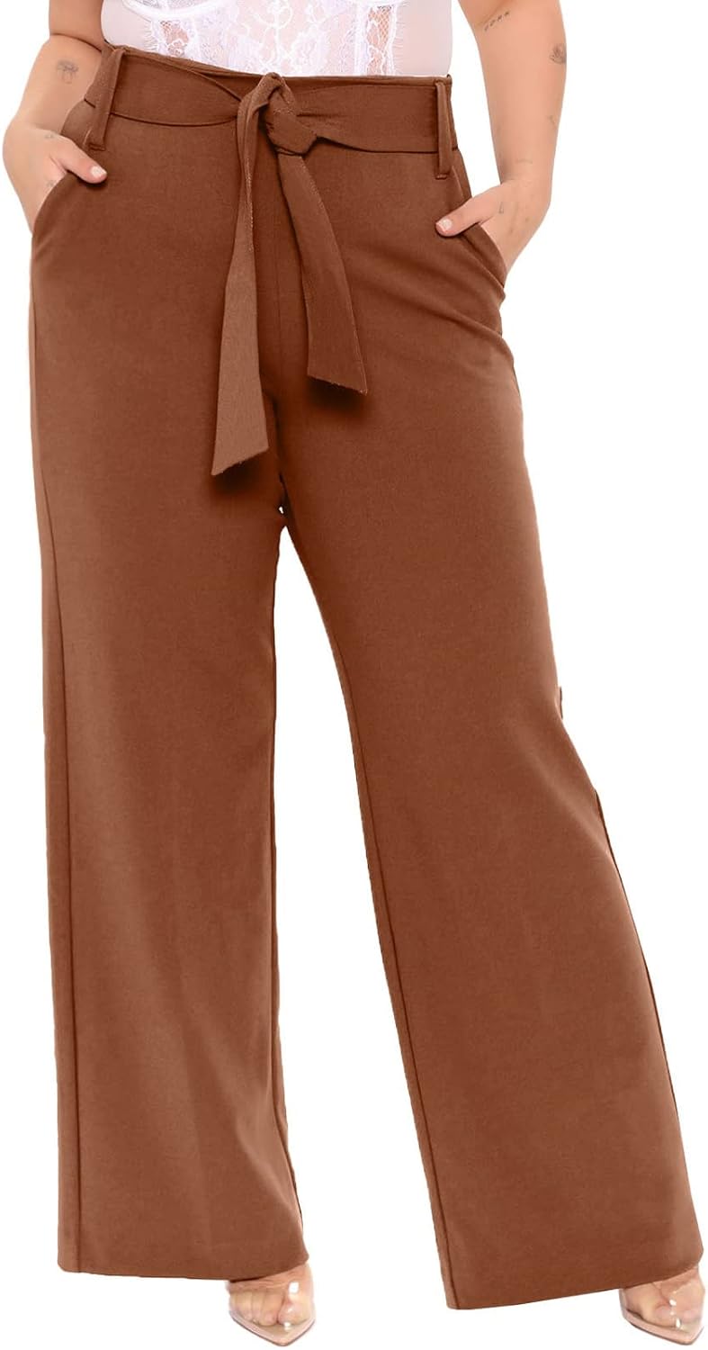 Eytino Womens Plus Size Stretch Dress Pants Comfy Wide Leg Belted Lounge Pants for Office, 1X-5X