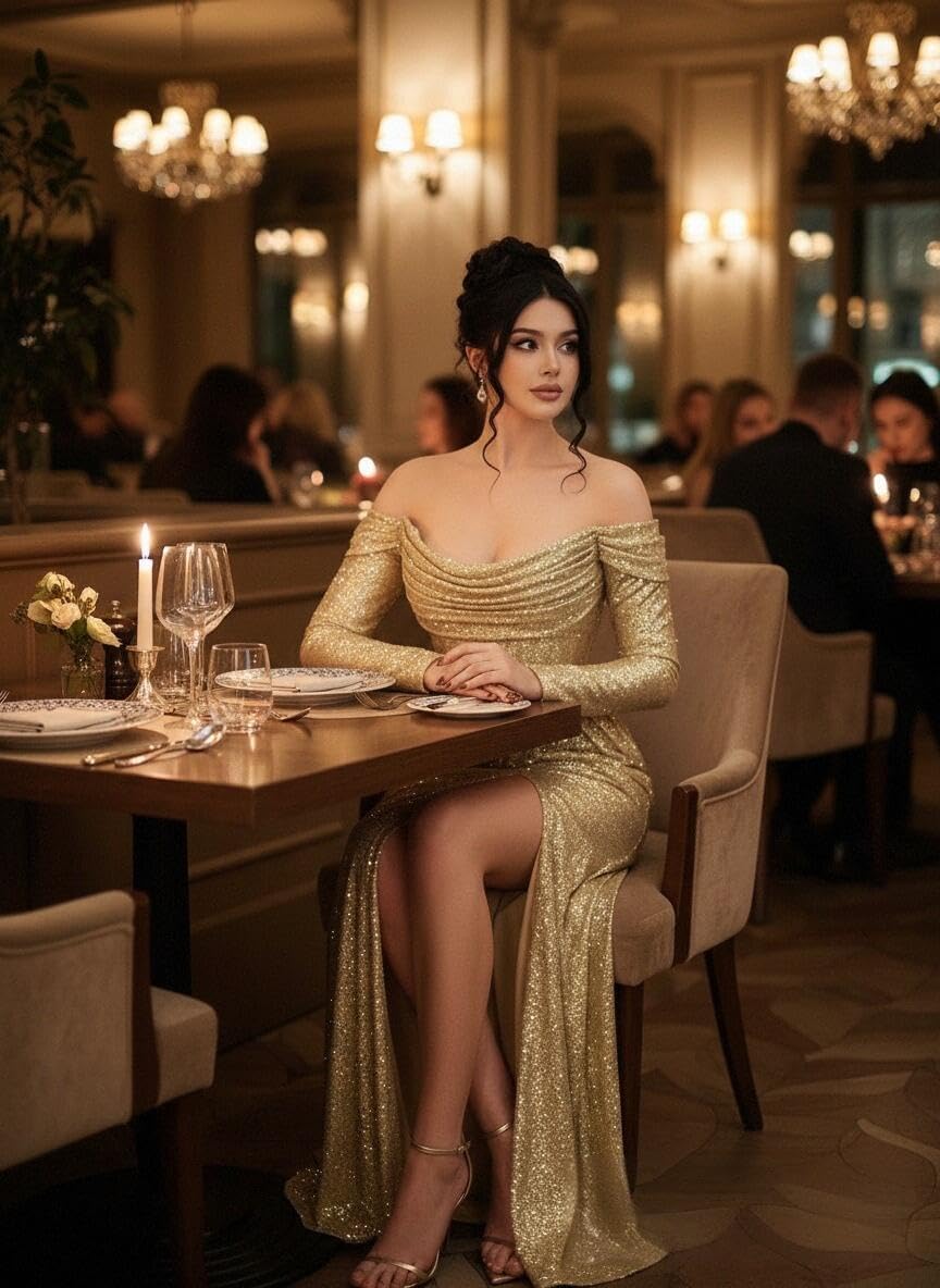 Off The Shoulder Long Sleeve Prom Dress Sparkly for Women 2026 Mermaid Formal Evening Gown with Slit