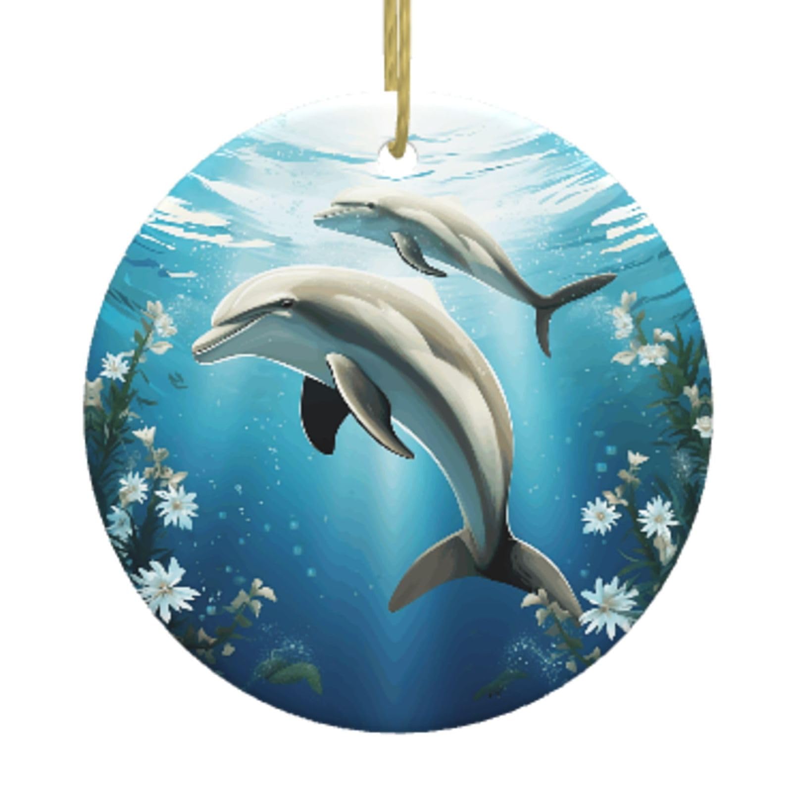 Ceramic Christmas Tree Hanging Ornaments with Gold Ropes Christmas Tree Decorations Round Ceramic Kiss Dolphin Tale Pendant Keepsake Decorations for Holiday Xmas Gift Ideas