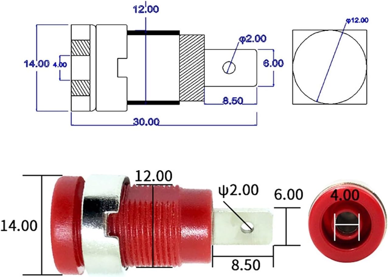 Insulated 4MM Banana Female Socket Binding Post Terminal Plug-in 12MM Panel Mount Test Probe Wire Connector(4Pcs Red)