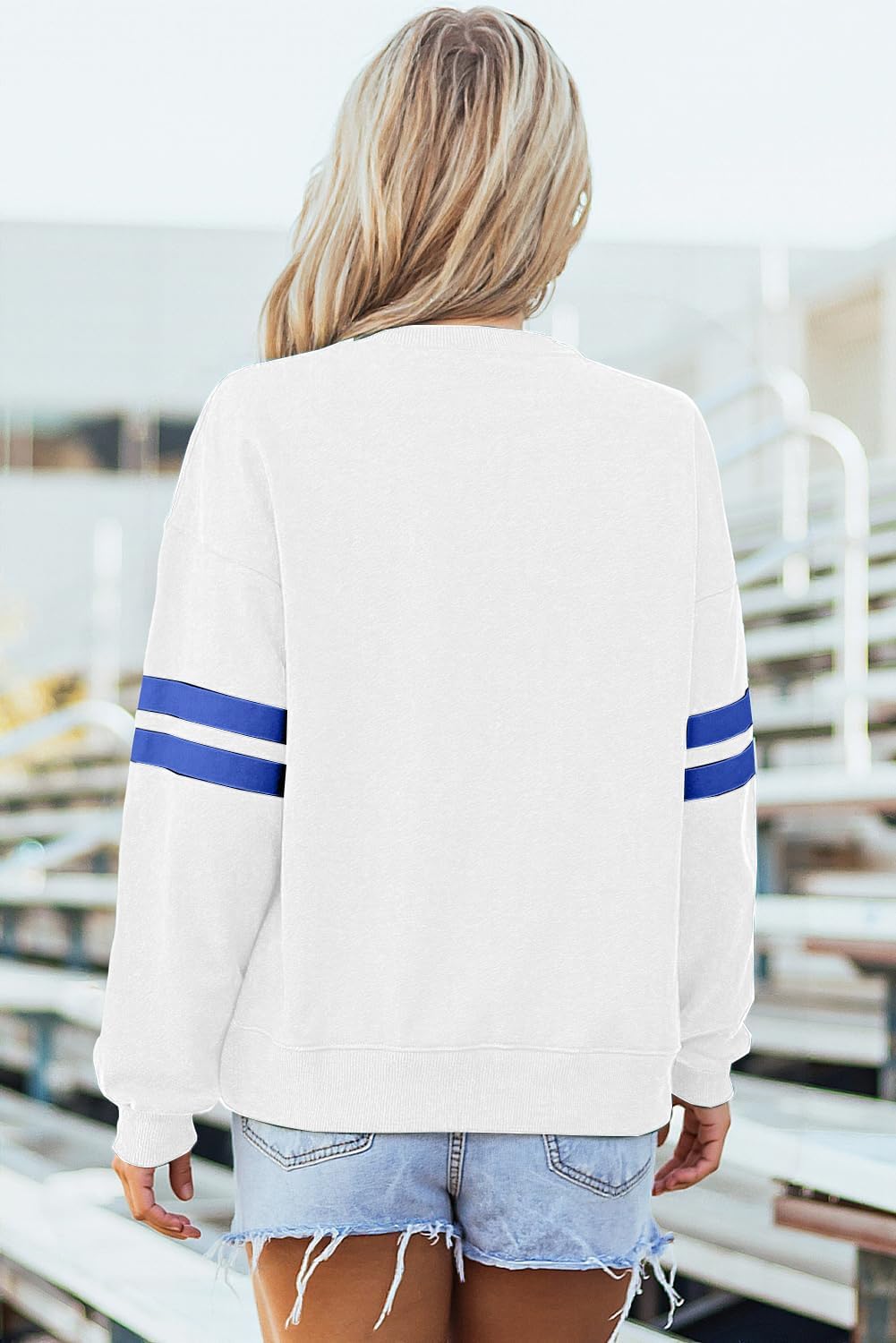 Womens Varsity Striped Sweatshirt Oversized Drop Shoulder Sweat Shirt | Crew Neck, Long Sleeve, Lightweight Pullover Tops, Game Day Outfits, for Rugby Baseball Tennis, Lounge Fall Winter Knit Tunic
