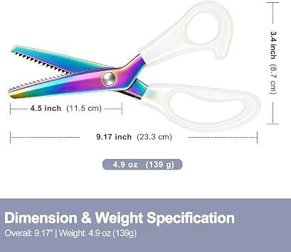 Pinking Shears for Fabric Cutting, Zig Zag Scissors, Scrapbook Scissors Decorative Edge for Adults, Great for Many Kinds of Sewing Fabrics Leather and Craft Paper, 5mm Serrated Rainbow Titanium Blades