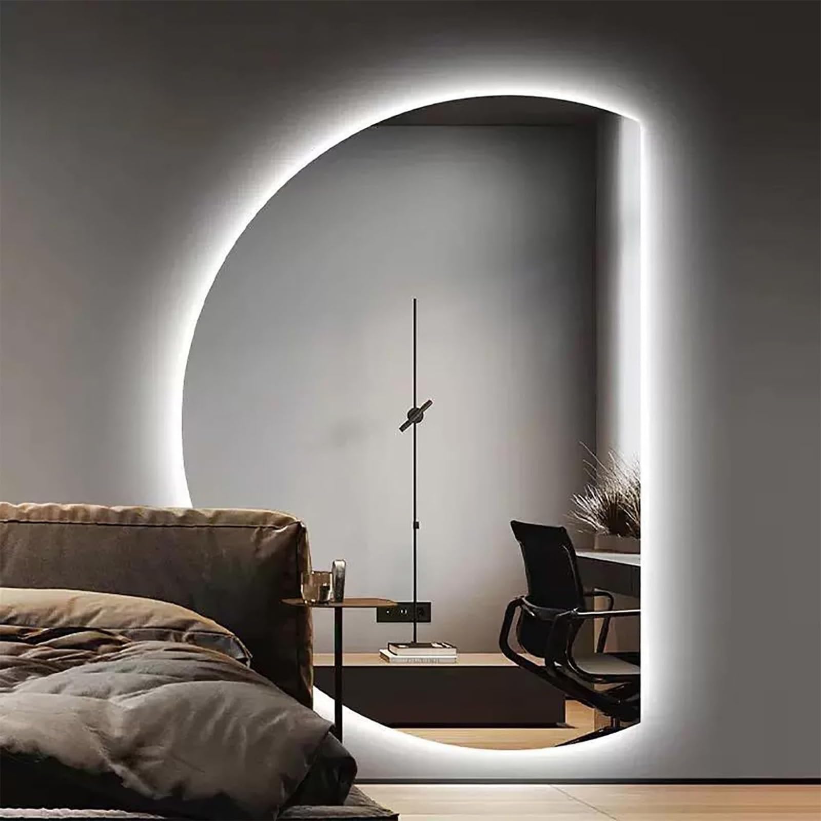 SXFSDOU 43" Intelligent LED Full Length Mirror, 51" Large Half Moon Anti-Fog Decorative Bathroom 3 Colors Dimmable Backlit, Touch Switch(Right Cut,90x60cm/35x24)