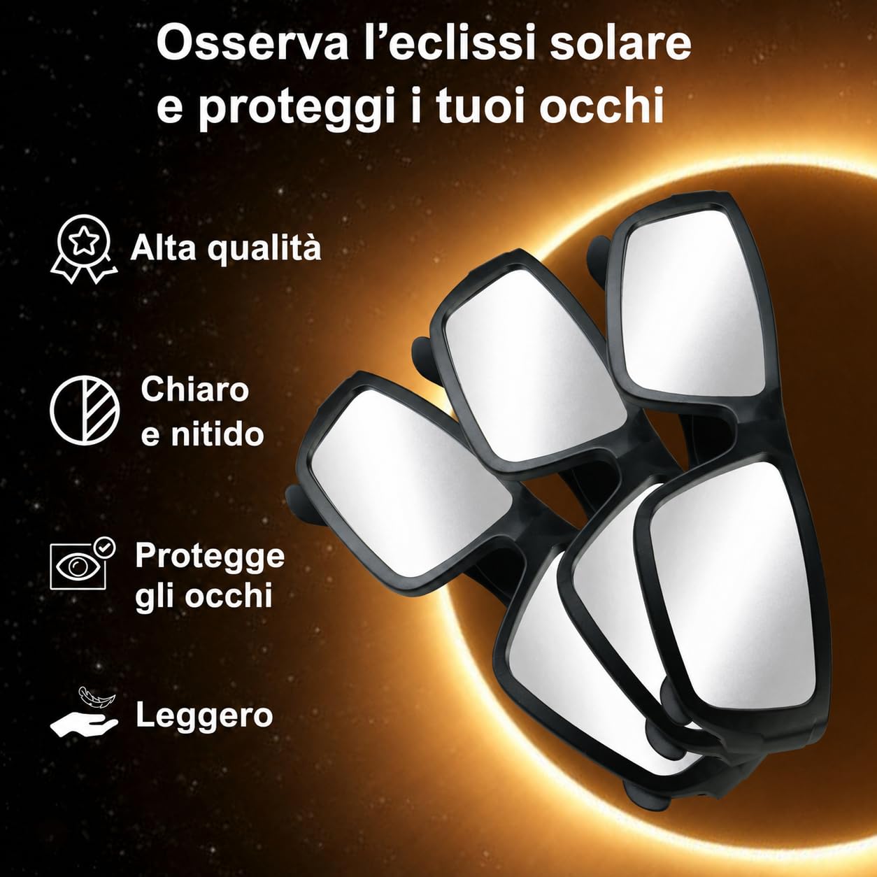 3/6 Occhiali eclissi solare,AAS 2026 approvati, certificati EN ISO 12312-2:2015(E) e CE,Occhiali robusti in plastica per osservare direttamente il sole