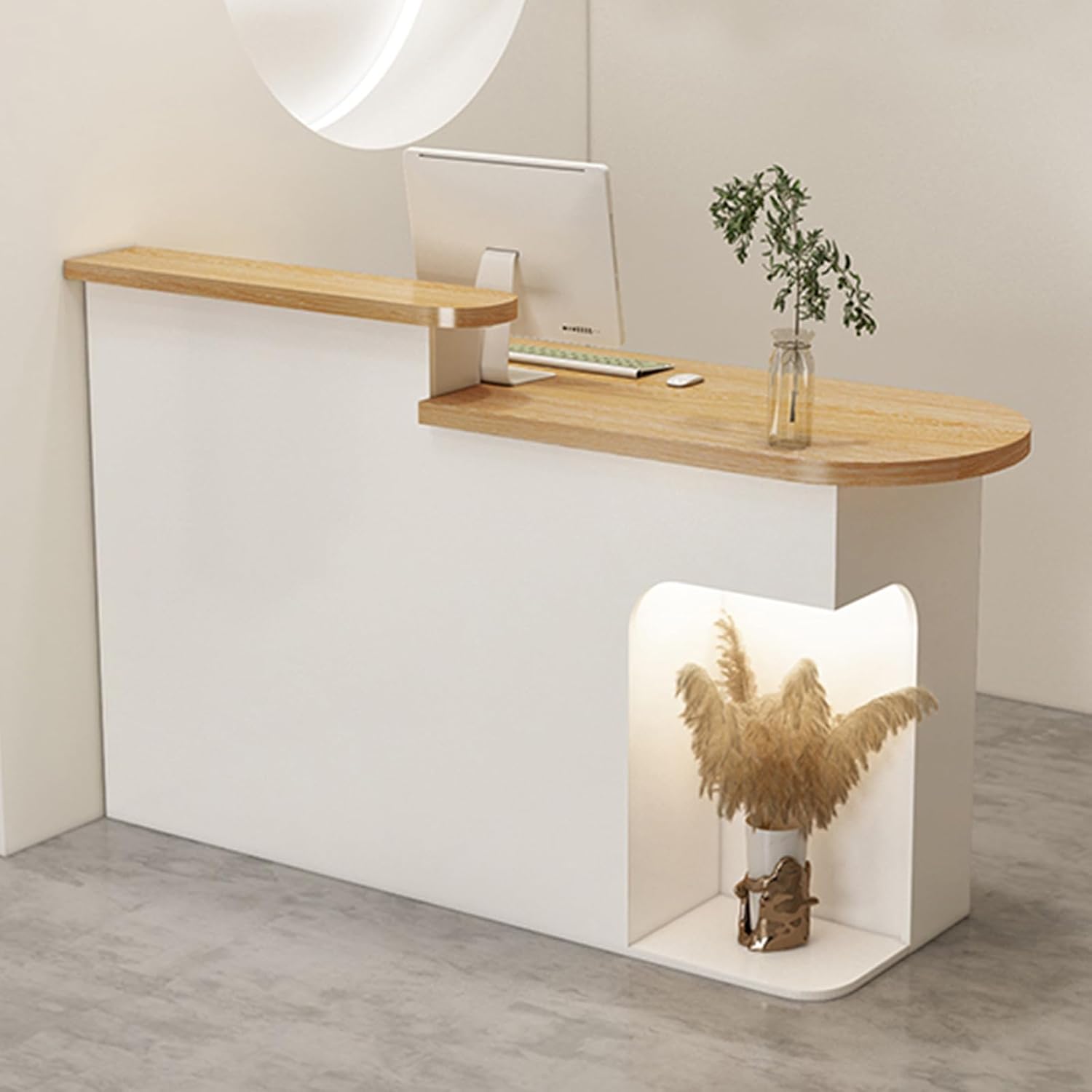 Modern Reception Desk with Lockable Drawer, Open Shelves, Large Retail Counter for Checkout Counter Table, Salon Reception Room Lobby Office, White, 110x50x105cm