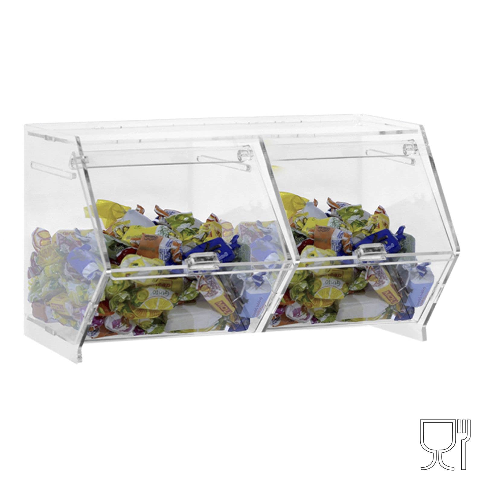 Porta caramelle confezionate da banco o da parete in plexiglass trasparente a 2 scomparti CON sportello a scomparsa - Misure totali: L 26 x P 18 x H 16 cm