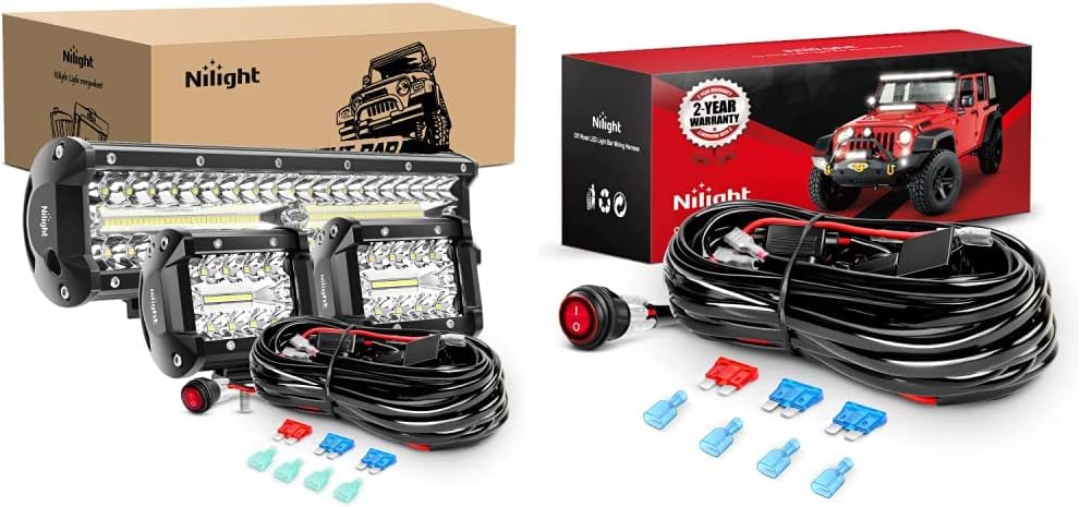 Nilight LED Light Bar Set (12 Inch 300W) + Wiring Harness Kit