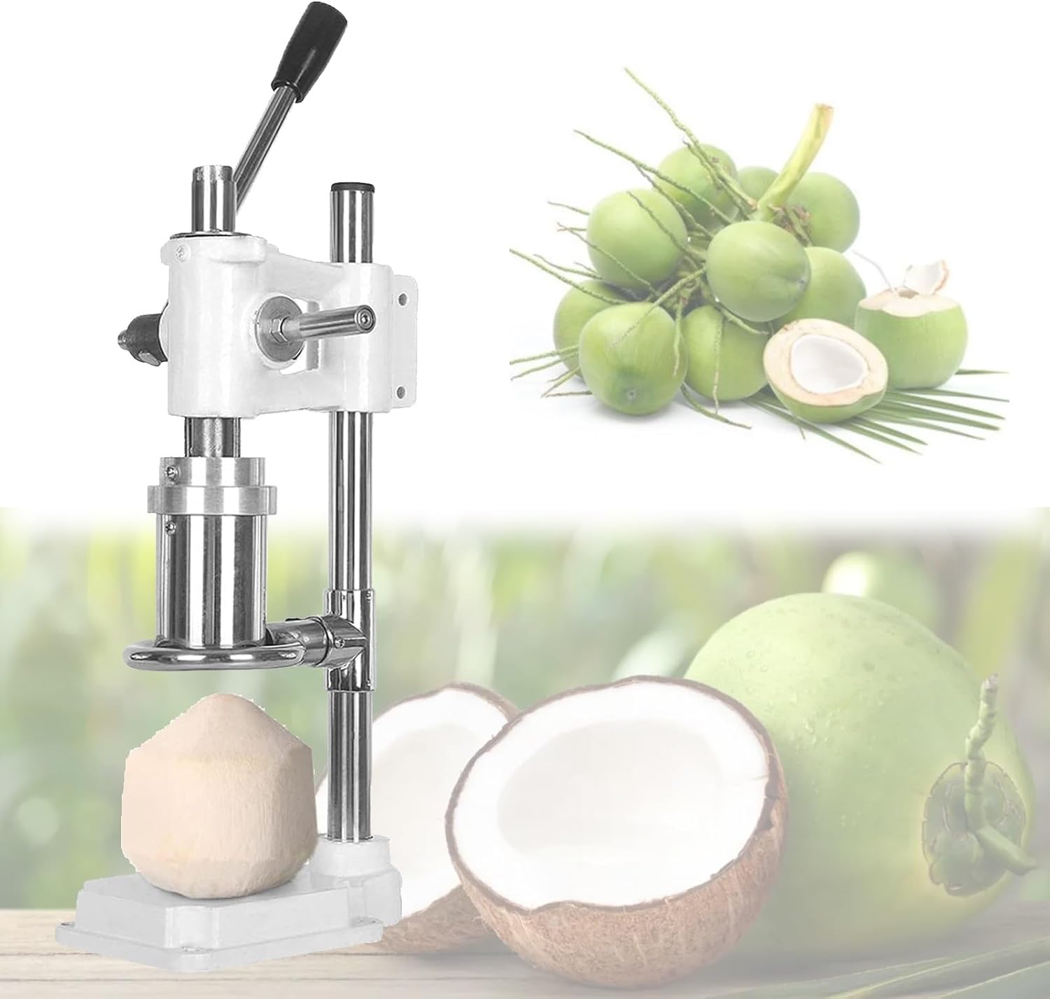 Commercial Coconut Opener Tool,Manual Coconut Cutter Machine,Coconuts Opener Tool, Opener for Young/Tender/Hairy Coconuts,Stainless Steel + Casting Base for Commercial Home Use(White)