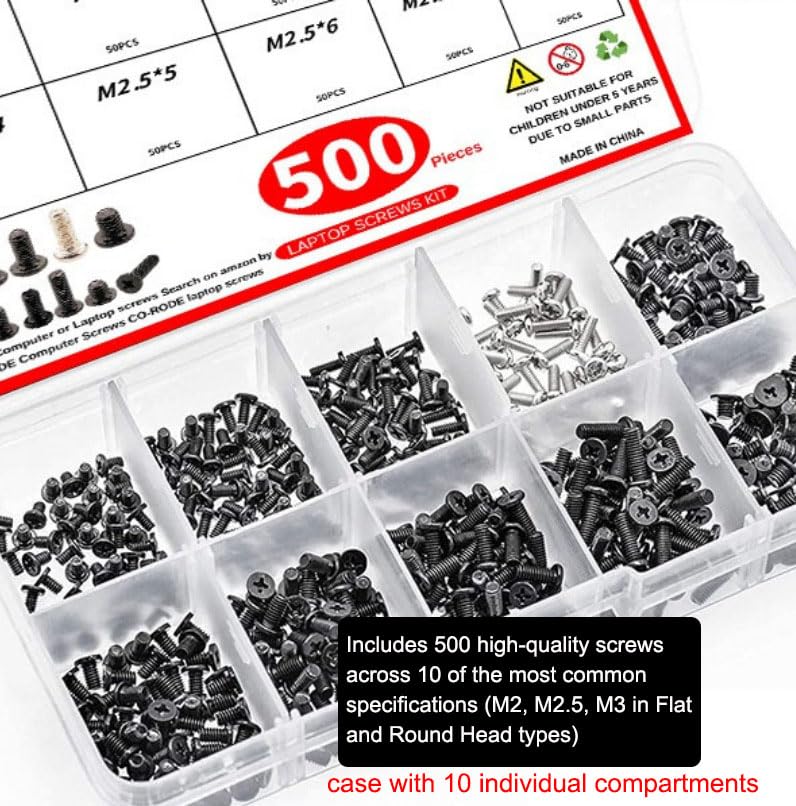 500pcs (10 Sizes) Laptop & Desktop Computer Carbon Steel Replacement Screw Assortment Kit M2 M2.5 M3 Flat Round Head Combo Set with Storage Box