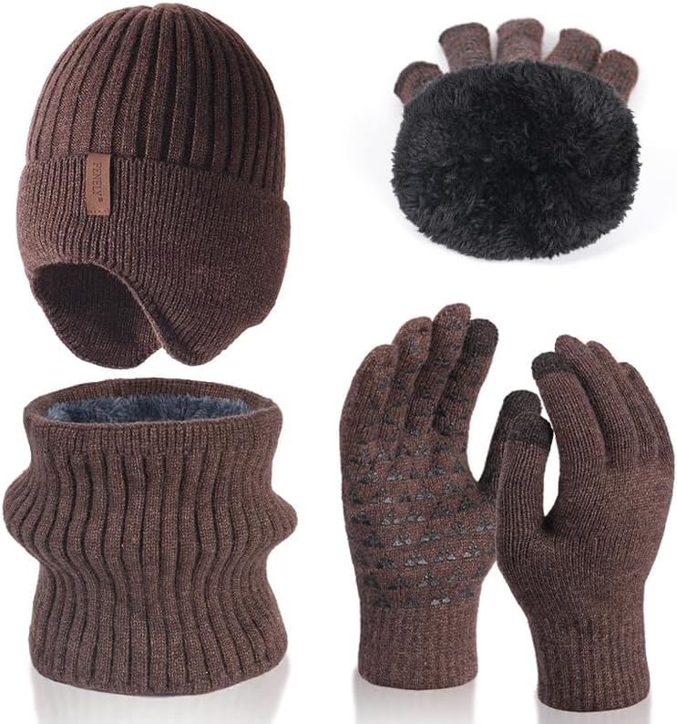 Men Winter Beanie Hat Touchscreen Gloves Neck Warmer 3 in 1 Set with Fleece Lined