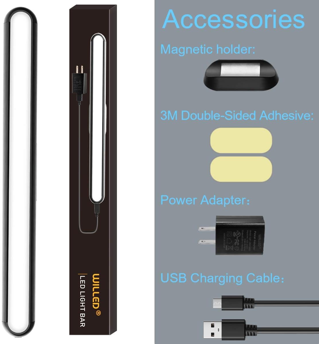 WILLED Dimmable Touch Light Bar with UL Plug, 3W LED Makeup Mirror Lights, Stick Magnet Mount, for Reading, Bedside, Closet, Cabinet, Counter, Study, 4500K(No Battery Inside)