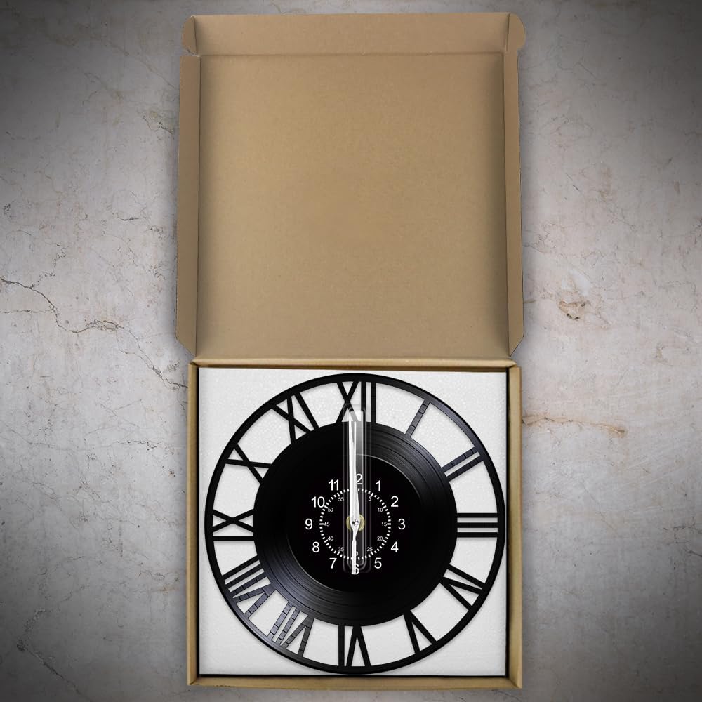 Roman Numerals Wall Clock, 12 Inch Vinyl Record Wall Clock Battery Operated, Silent Quartz Non Ticking Modern Decorative Analog Black Clock Wall Watch for Living Room Bedroom Office