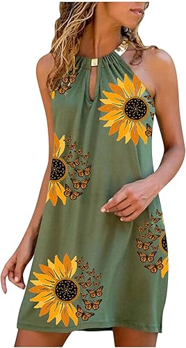 RYOZAI Vestidos de playa para mujer estilo casual de verano con estampado de girasol sin mangas bohemio para fiesta vacaciones vestido