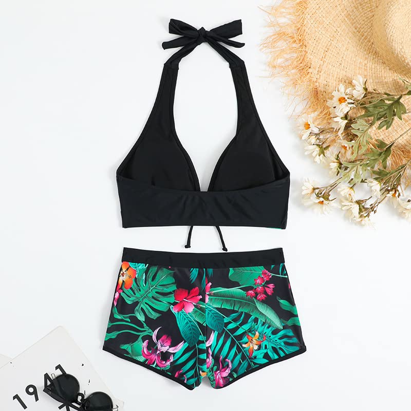Women Two Piece Swimsuit Bathing Suits Floral Tropical High Waisted Beachwear Board Shorts Halter Tops2