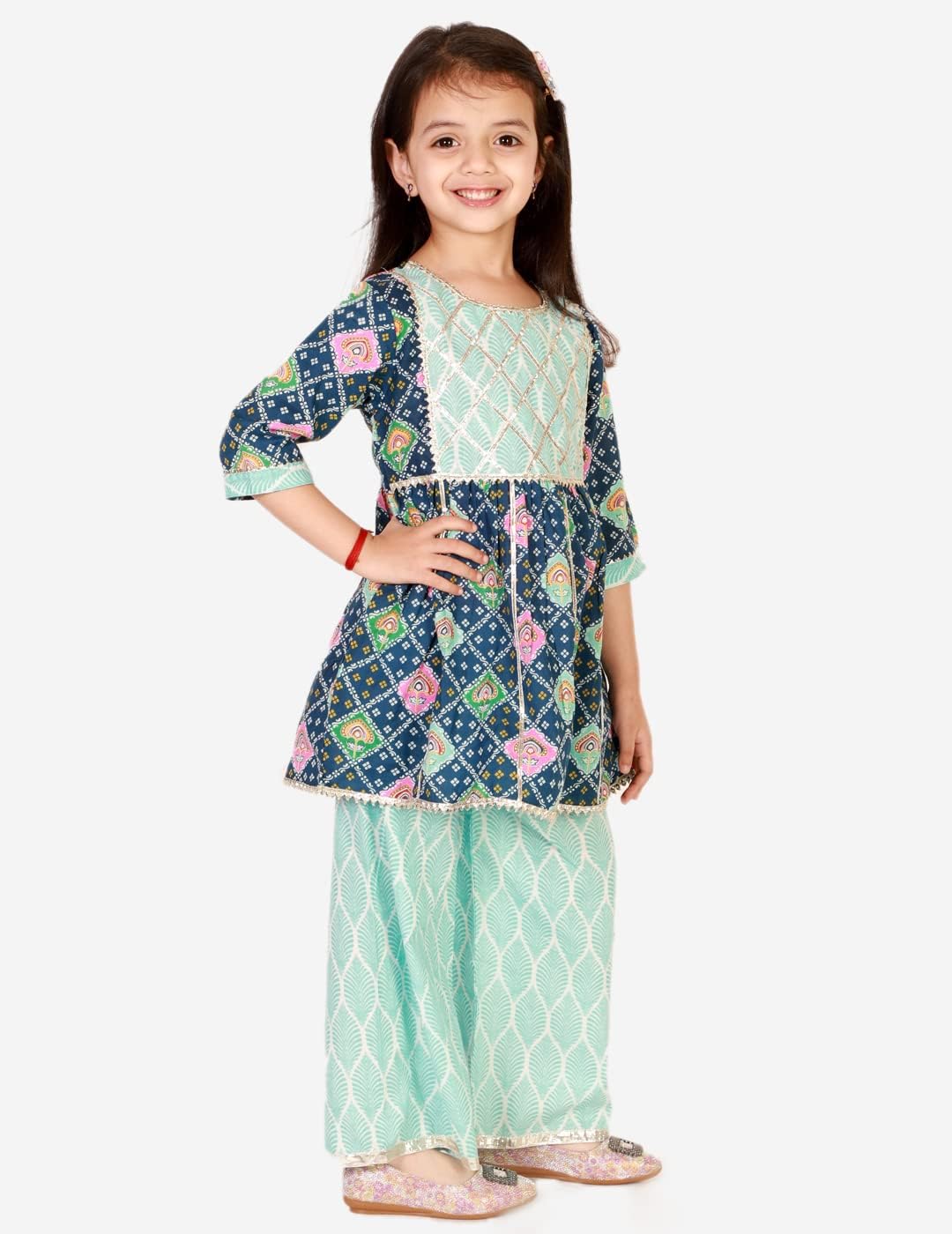 Superminis Baby Girls Cotton Printed Kurti with Gota Work and Straight Palazzo