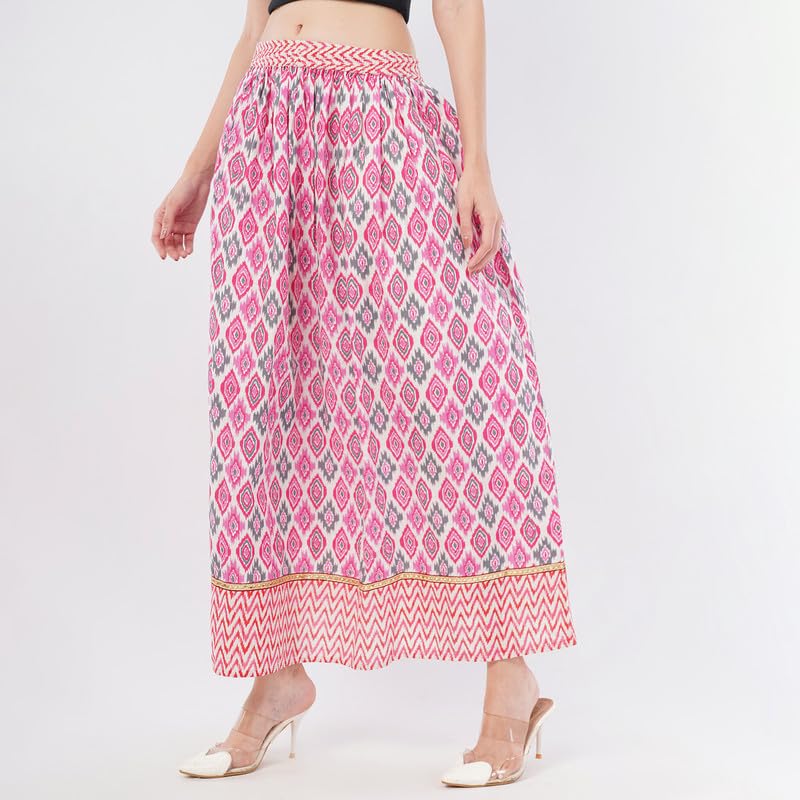 Rabhika Women’s Pink Patterned Pure Cotton Panel Maxi Skirt, Stylish Lightweight Long Skirt for Daily S 3