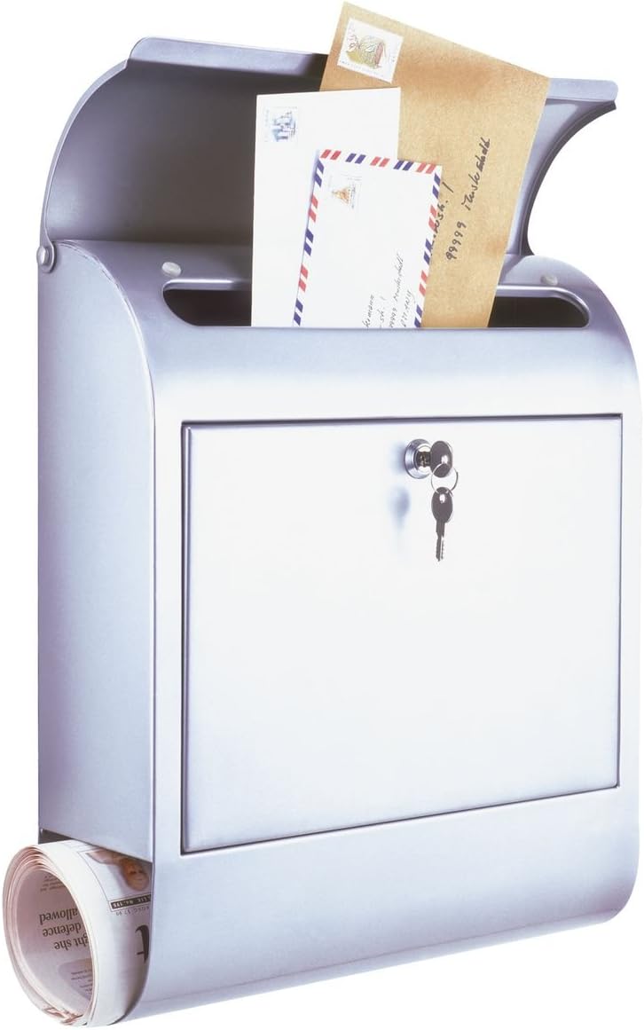 axentia Post Box - Stainless Steel Mail Box, Lockable with Newspaper Compartment - Simple Wall Mounted Letter Box 38x12.5x46cm