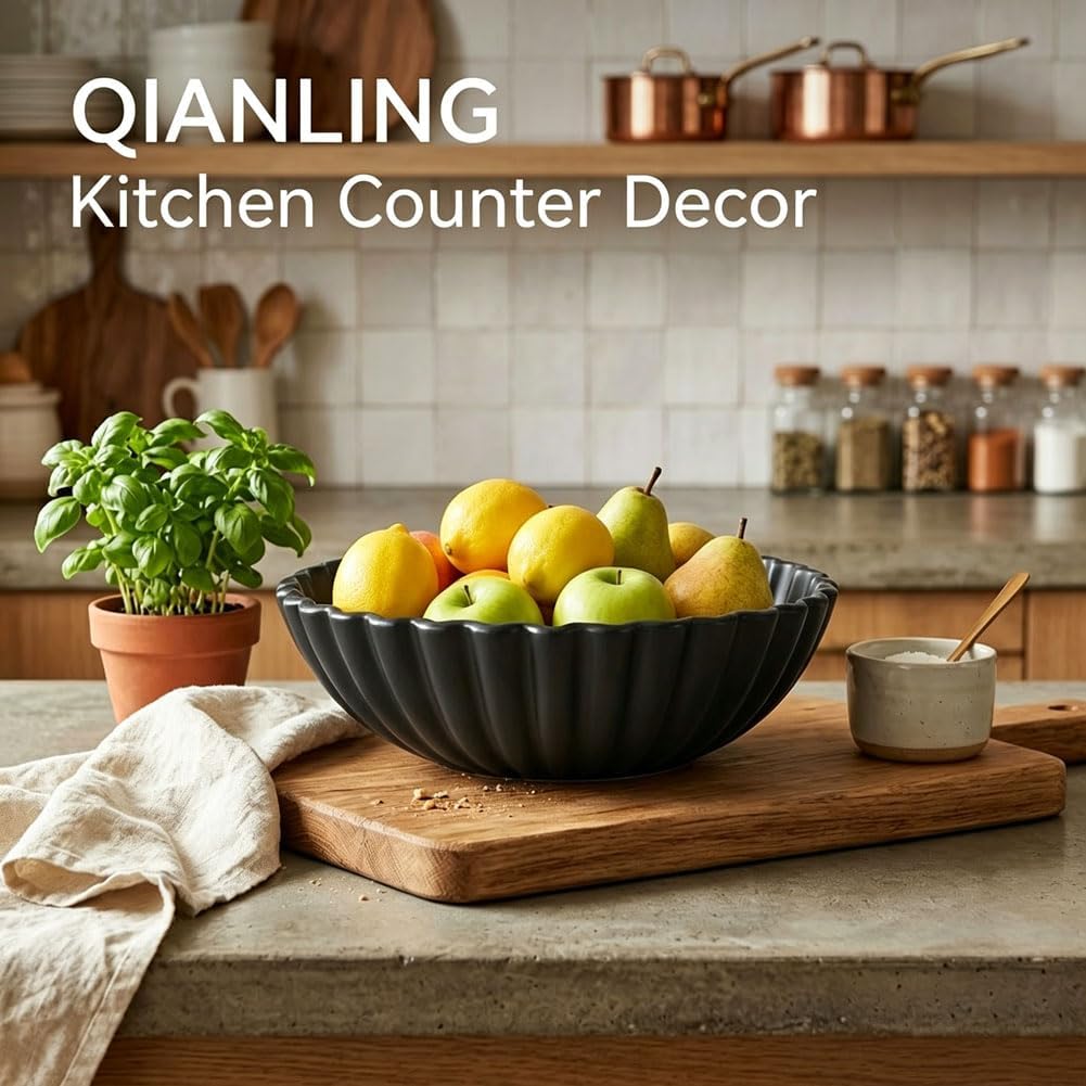 QIANLING Resin Large Black Decorative Bowl for Home Decor - Black Ruffle Fruit Bowl for Kitchen Counter Entryway or Coffee Table or Table Decor - Centerpiece Bowls for Keys, Fruit, Candy