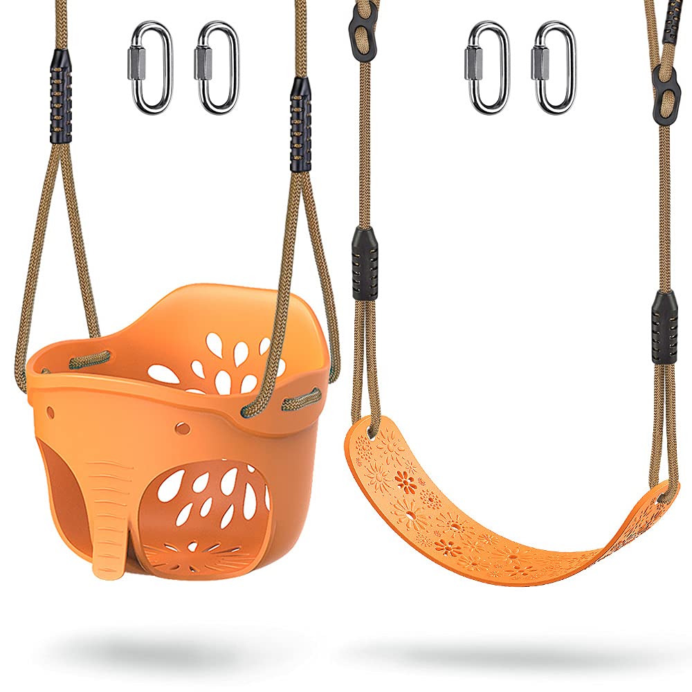 SELEWARE Toddler Swing Set Accessories, High Back Full Bucket Swing Seats with Adjustable Rope and 4 Locking Carabiners, Cute Elephant Shape Design 600LB Capacity (2 Pack)