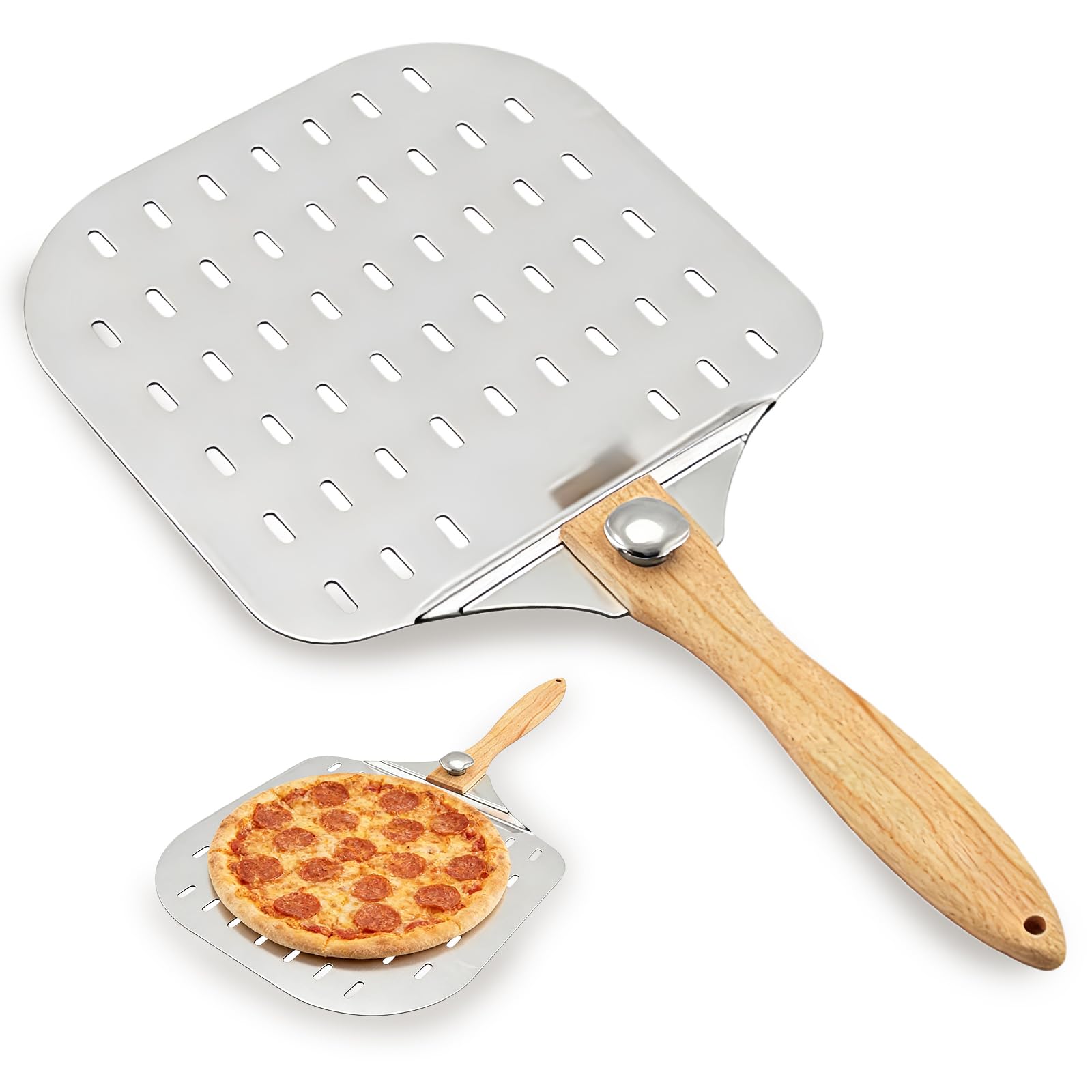 MEETOZ Aluminum Pizza Peel,12 inch Pizza Paddle Pizza Spatula,with Foldable Wood Handle Premium Pizza Paddle for Baking Homemade Pizza and Artisan Breads