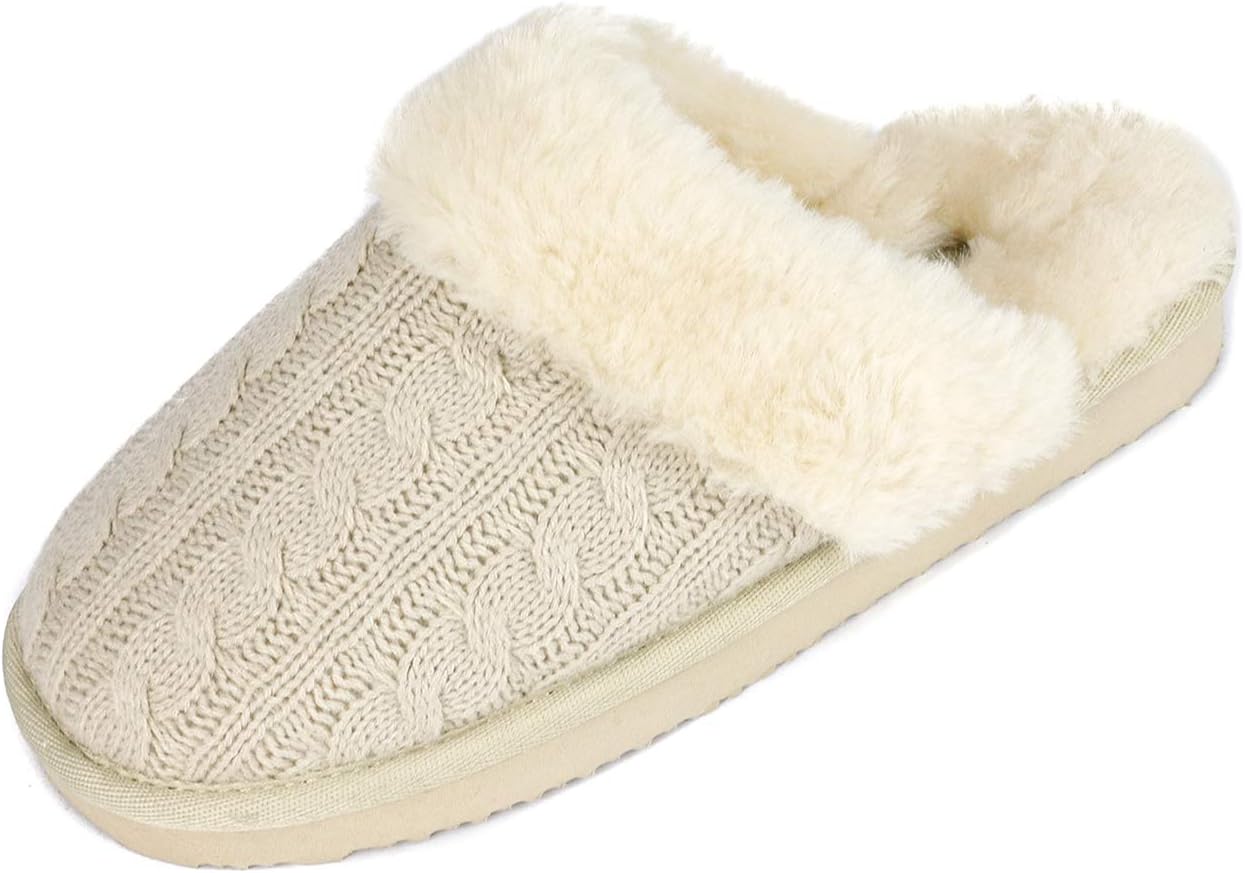 Women's Cable Knit Faux Fur Mules Comfy Slippers