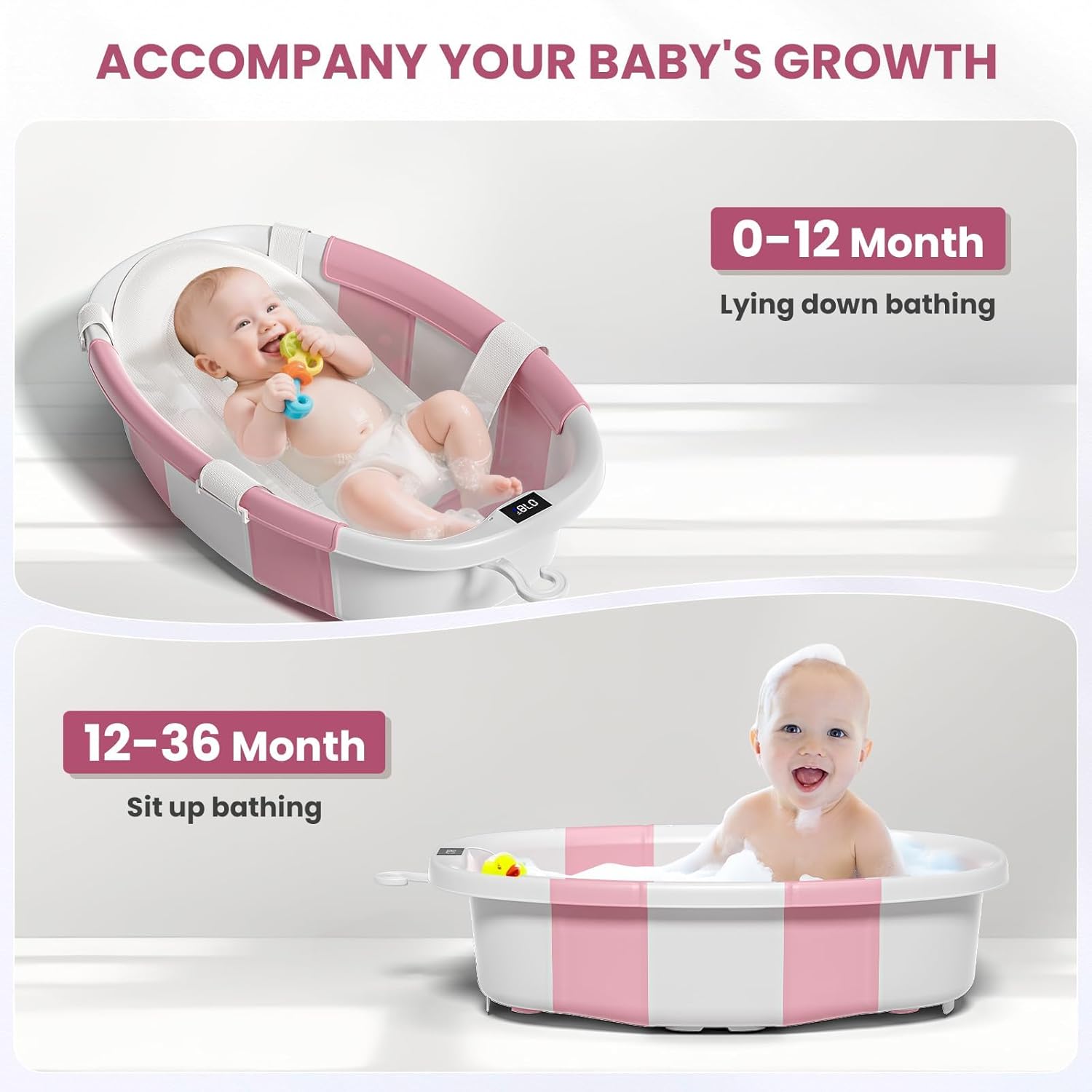 Collapsible Baby Bathtub with Soft Cushion and Thermometer, Newborn to Toddler Tub 0-36 Months with Toy Storage Mesh Bag, Portable Travel Bath for Infants (Pink)