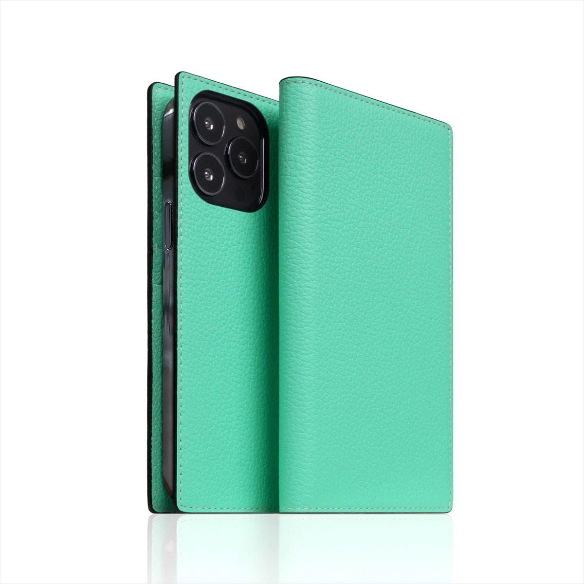 Design SD22123i13PTL iPhone 13 Pro Case, Notebook Type, Genuine Leather, Neon Full Grain Leather Case, Card Storage, Qi Charging, Wireless Charging, iPhone 13 Pro Cover, Teal