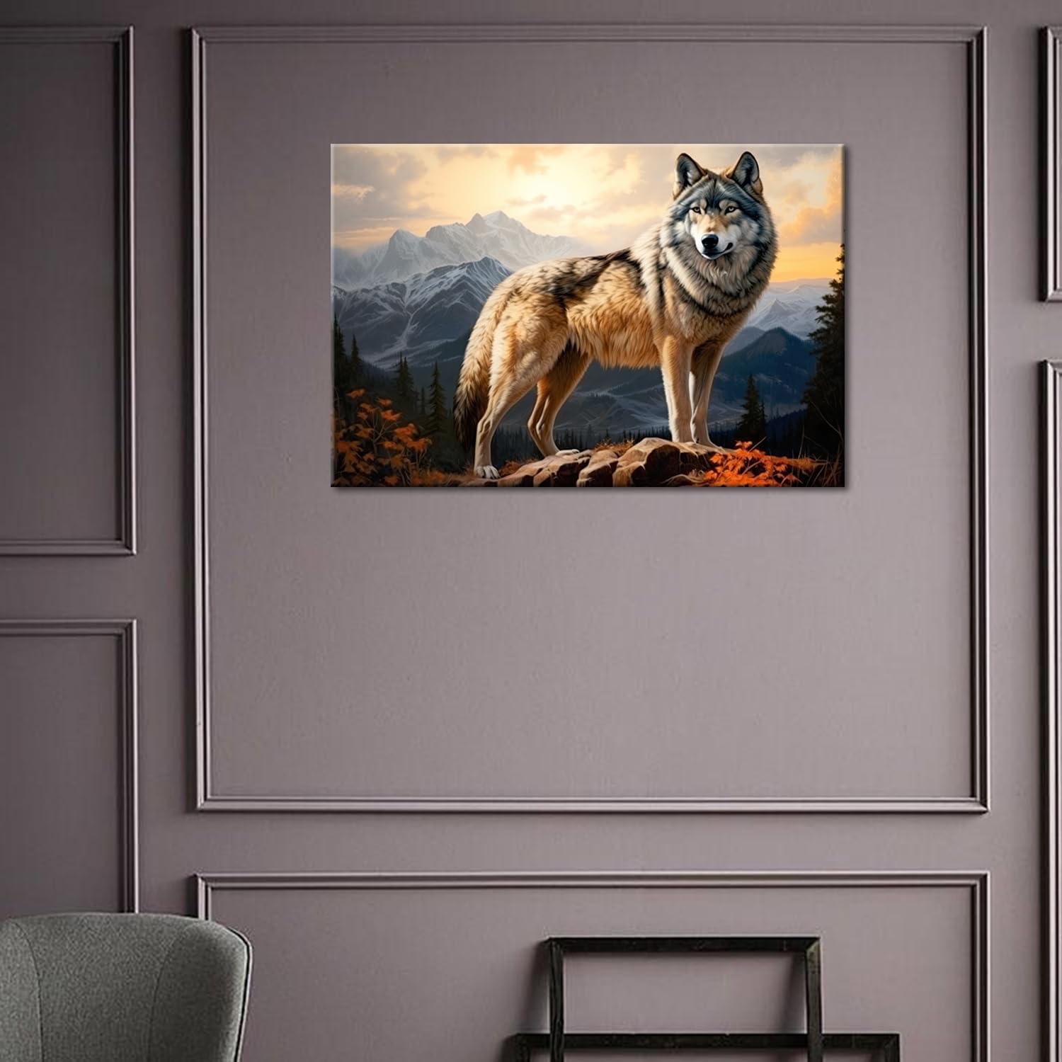 Wolf Wall Art Canvas Wolf in the Mountains Wildlife Landscape Forest Rocky Poster Artwork Framed Modern Home Office Bathroom Living Room Decor