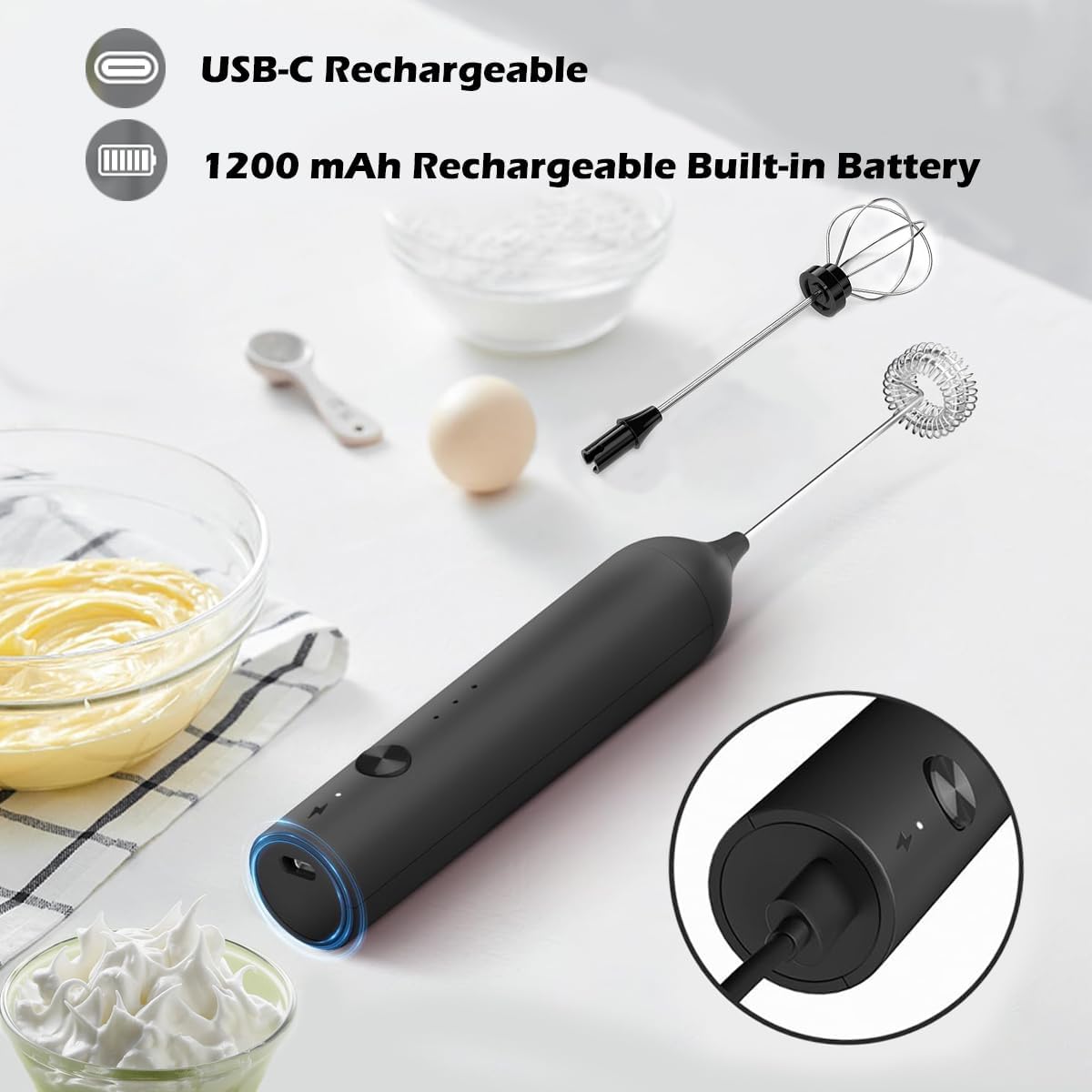 Rechargeable Milk Frother Wand with Stand-Electric Whisk 3 Speed Adjustable,Drink Mixer Handheld with 2 Stainless steel Stirrers,Hand Coffee Frother for Lattes Cappuccino Protein Powder Egg