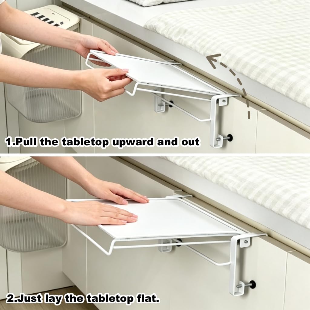 Portable Slide-Out Pull-Out Tray, Clip-On Bedside Countertop Extension, Retractable Bedside Shelf, No Drilling Clip-On Side Table for RV, Camper, Home, Size 11"x10" (280mm x 250mm), White