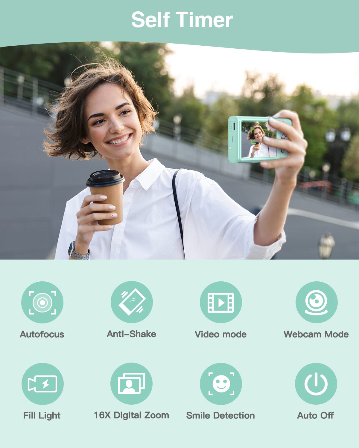 Digitalkamera, 1520P Autofokus Kompaktkamera FHD 48MP Fotokamera Vlogging Kamera mit 2,8 Zoll Bildschirm, 32GB Speicherkarte, 16X Digital Zoom, tragbare Mini-Kamera für Kinder