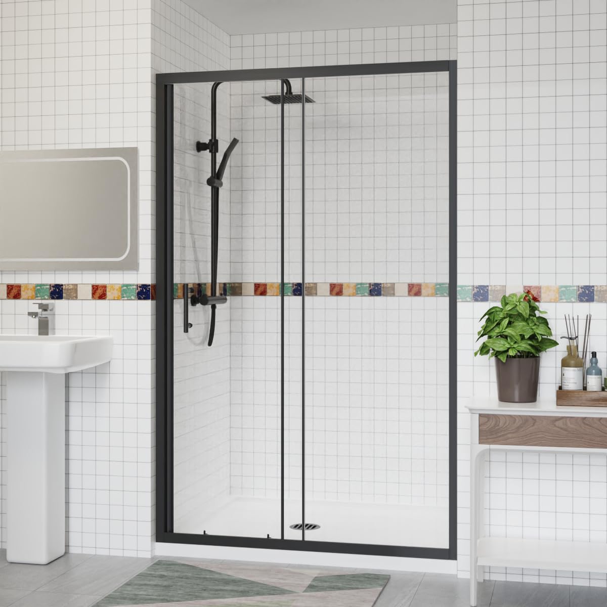 Aquariss 1200x1900mm Sliding Single Shower Enclosure for Wetroom Cubicle with 6mm Easy Clean Glass Shower Screen Door Black Aluminum