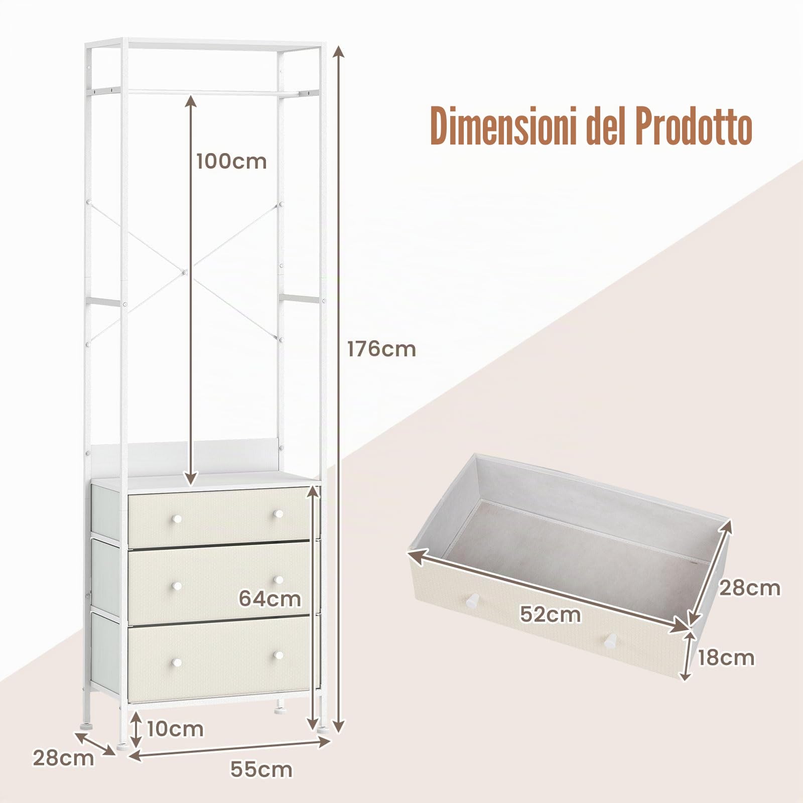 GIANTEX Appendiabiti Autoportante con 3 Cassetti e Barra Appendiabiti in Metallo, Dimensioni 55 x 28 x 176 cm, Mobile Multiuso per Camera da Letto, Soggiorno e Corridoio (Bianco)