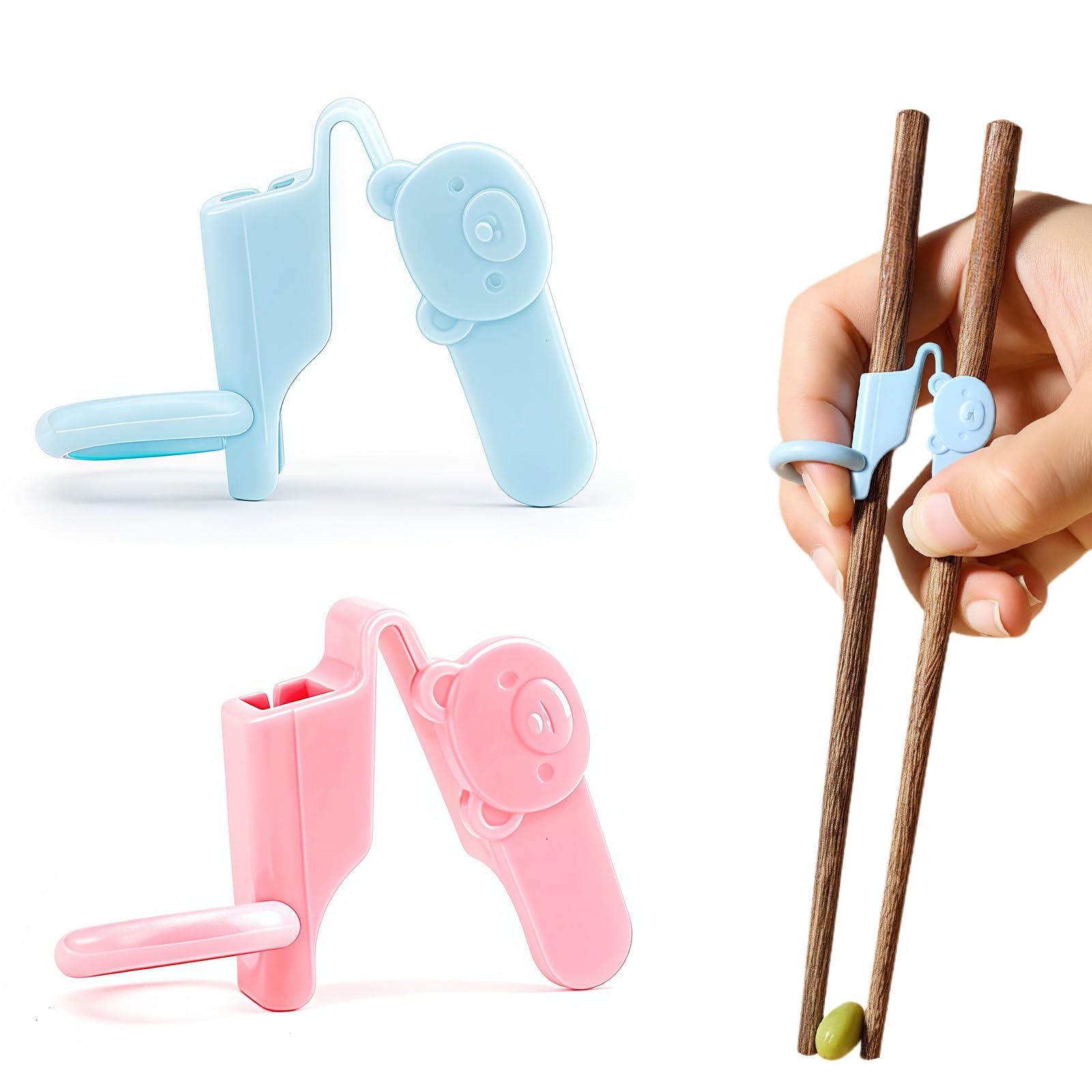 Coollooda 箸クリップ 子供【2個】箸トレーニングツール トレーニング箸 箸補助 箸練習 動物アイコン 滑り止め 簡単洗浄 再利用可能 お箸固定 右手用 入園~小学校低学年(ブルー,ピンク)