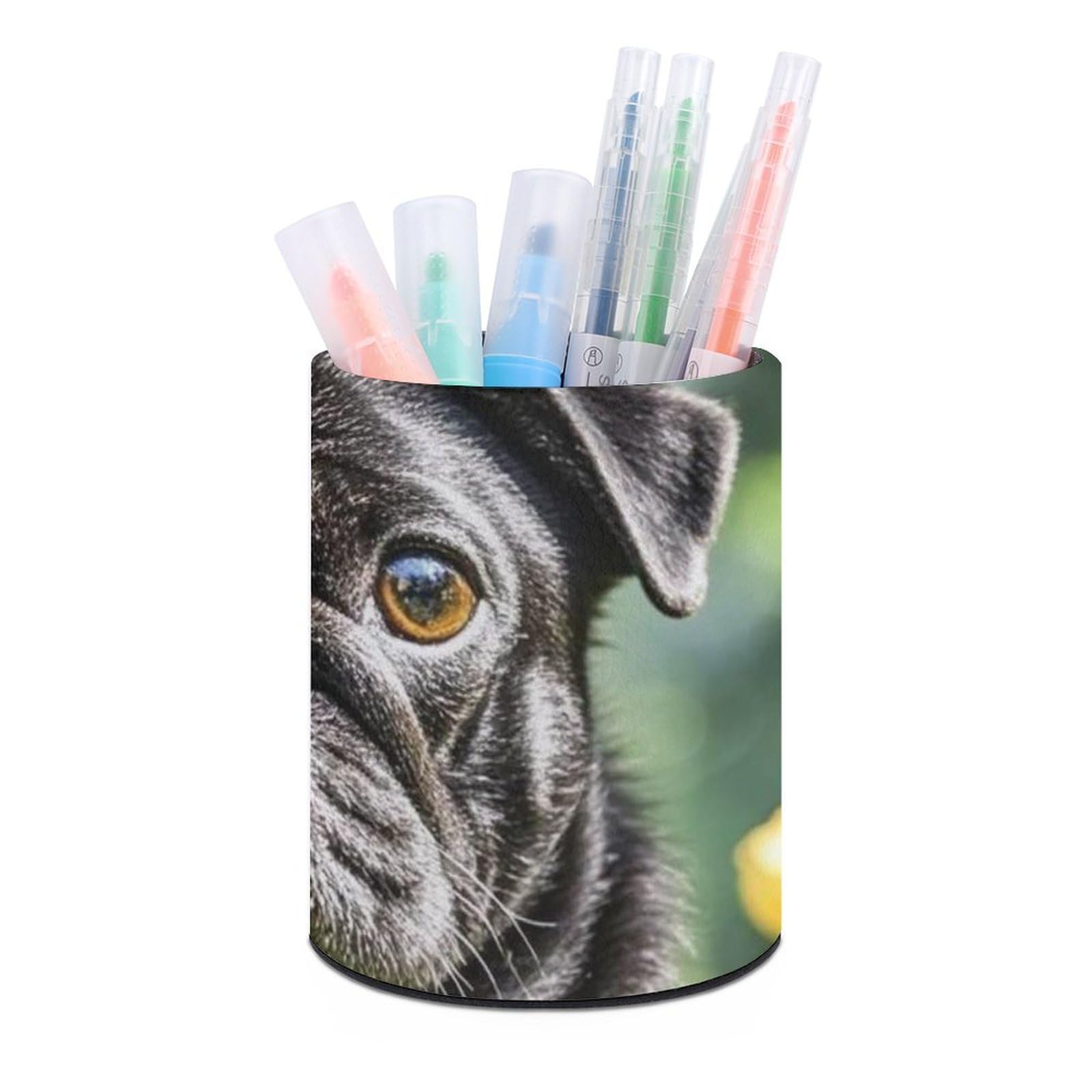 FekiLoot PU Leather Round Pen Holder Cute Black Pug Dog Pencil Holder Desk Organizer Pen Organizer Pen Cup Pencil Cup Caddy Desktop Stationery Organizers for Office Home Supplies