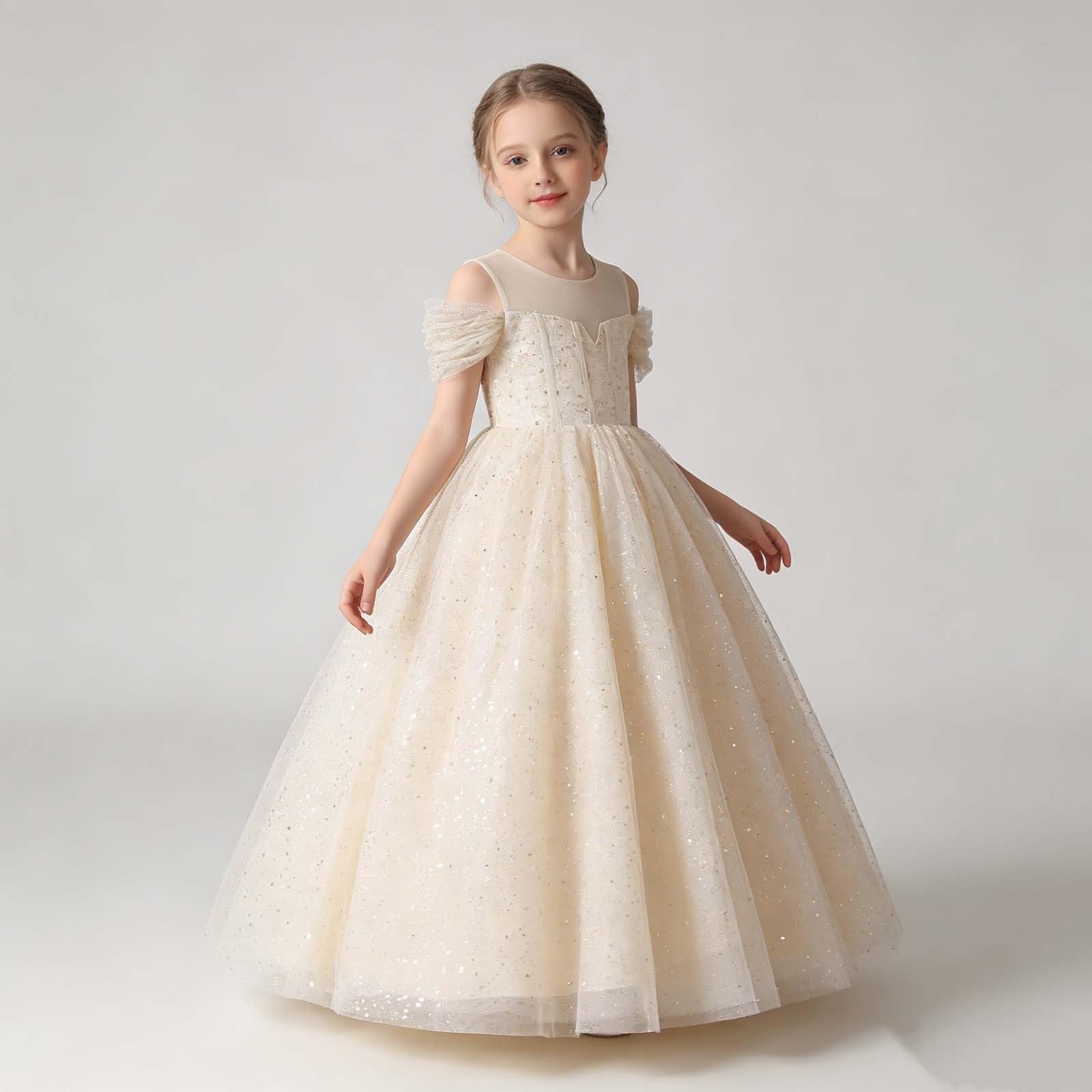 Vestidos Niña Boda-Vestido con Hombros Descubiertos para niñas, Vestido de Fiesta Elegante con Volantes, Vestido de Noche Formal para Desfile, Recital y actuación.