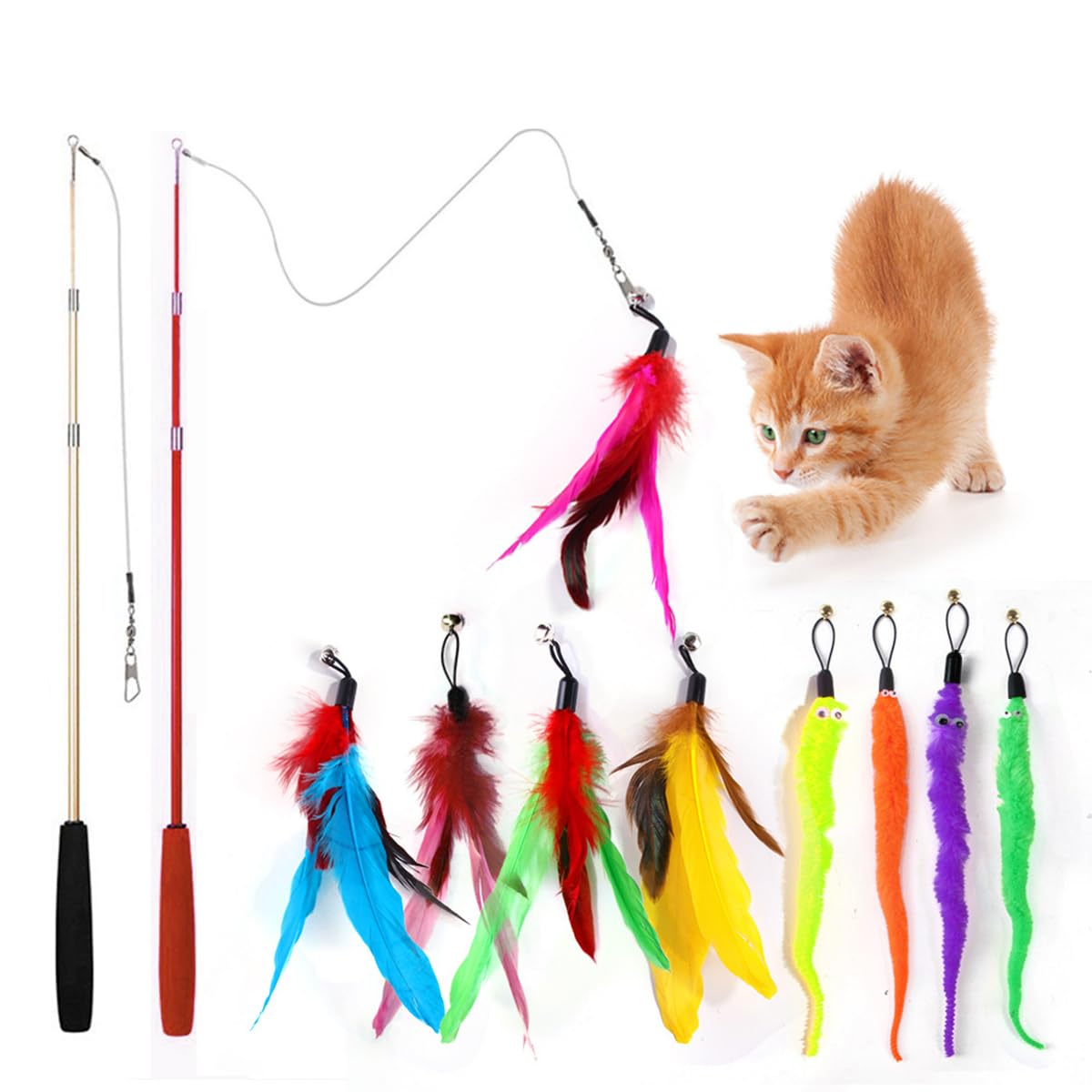 Muiltvoe Cat Wand Toy Telescopic Feather Rod with Refillable Attachments for Indoor Hunting Play Cat Toys Interactive