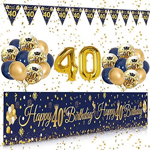 40. Geburtstag Deko-Set In Schwarz-Rosegold - Mit Luftballons, Banner, Wimpelkette & Cake Topper