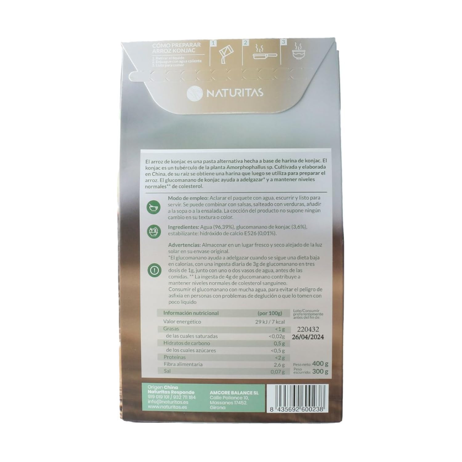 Arroz de konjac sin gluten | 300 g | Naturitas Essentials | Arroz de konjac shirataki | Cero calorías sin gluten | Pasta