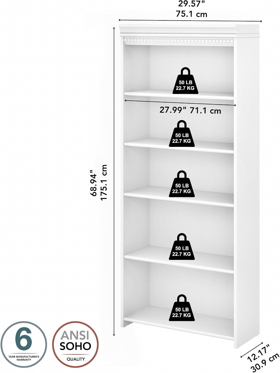 Bush Home Fairview Tall 5 Shelf Bookcase in Pure White and Shiplap Gray, Vertical Storage and Display Bookshelf for Home Office or Living Room