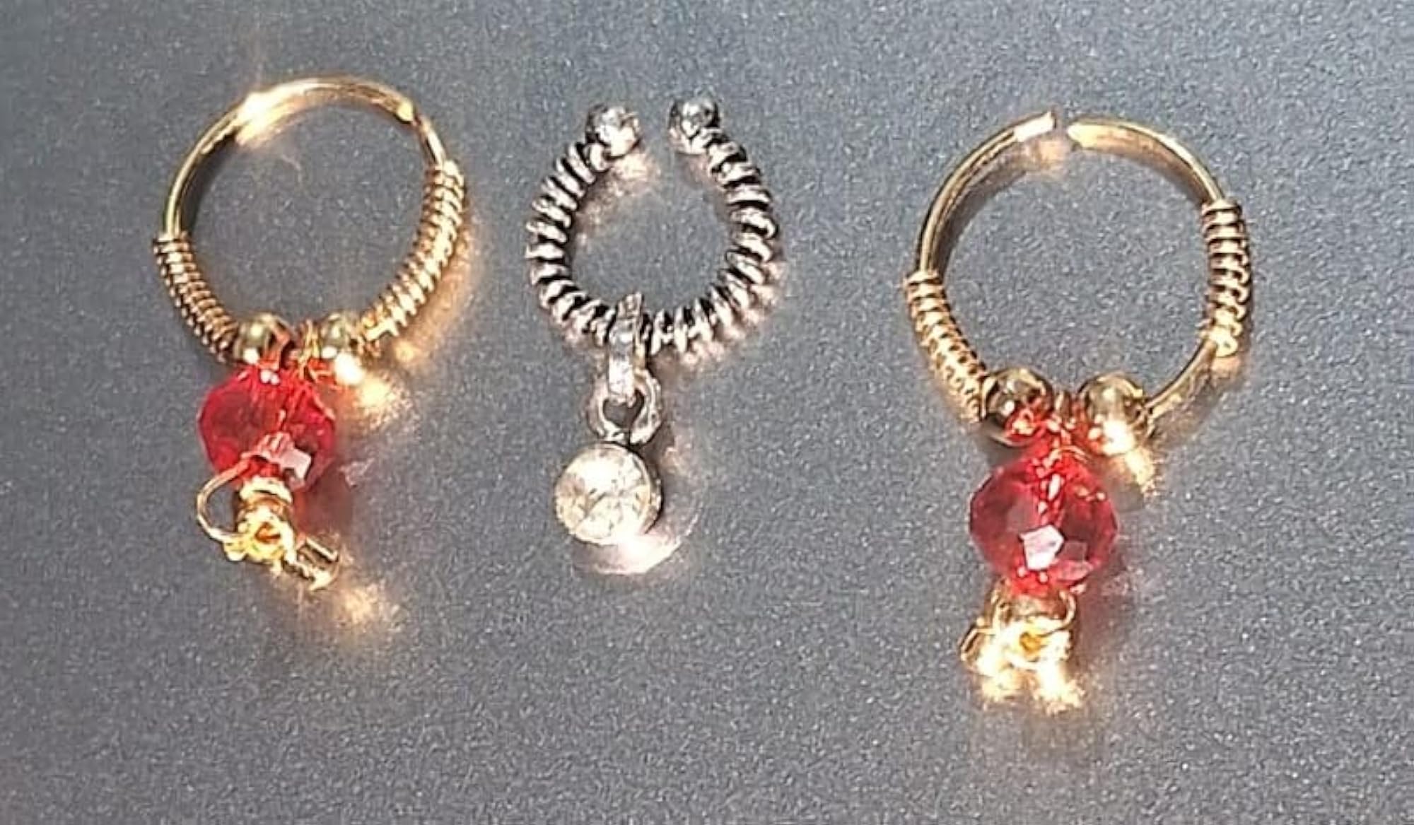 Metal Round Red Earrings & Nose Ring Set for Women